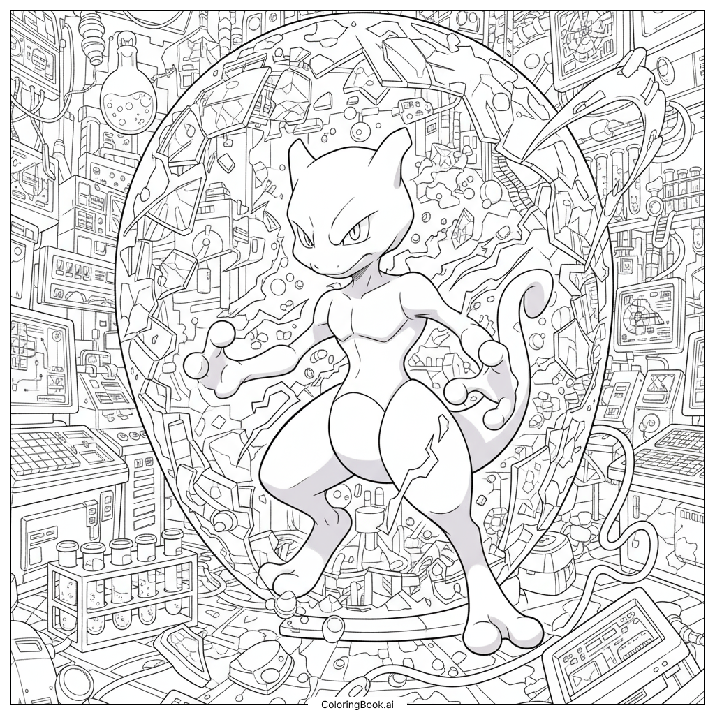  Page de coloriage Mewtwo s'échappe du laboratoire de recherche 