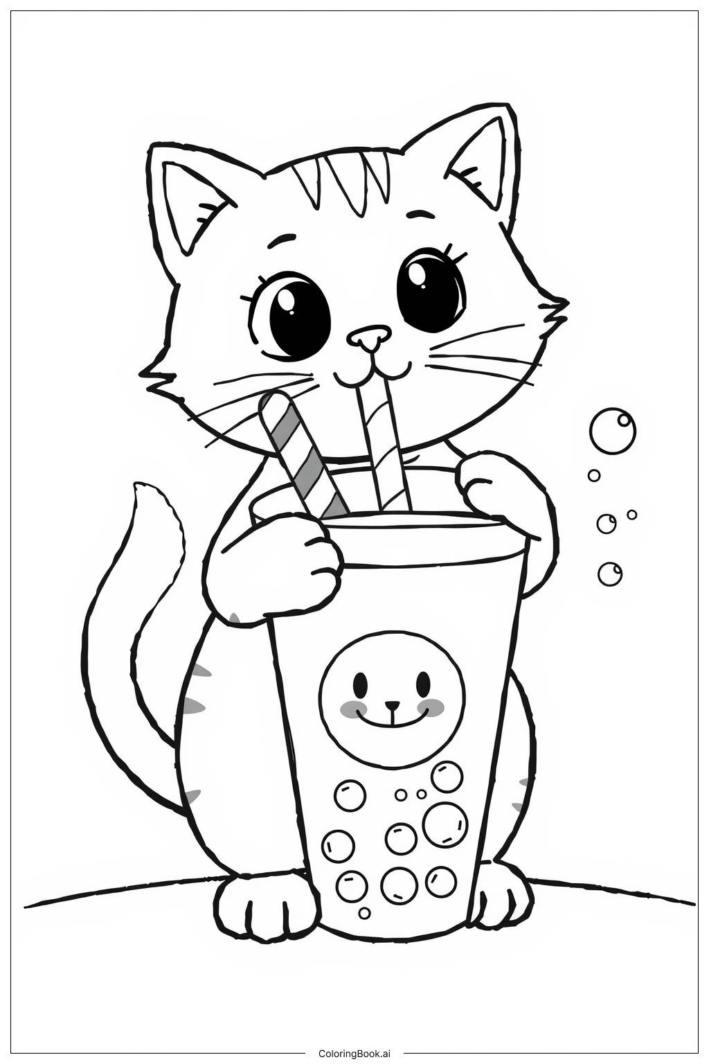  Cat with Boba Coloring Page 