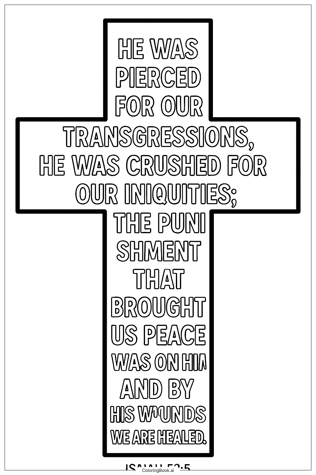 Page de coloriage Les mots d'Ésaïe 53:5 dans une grande croix 