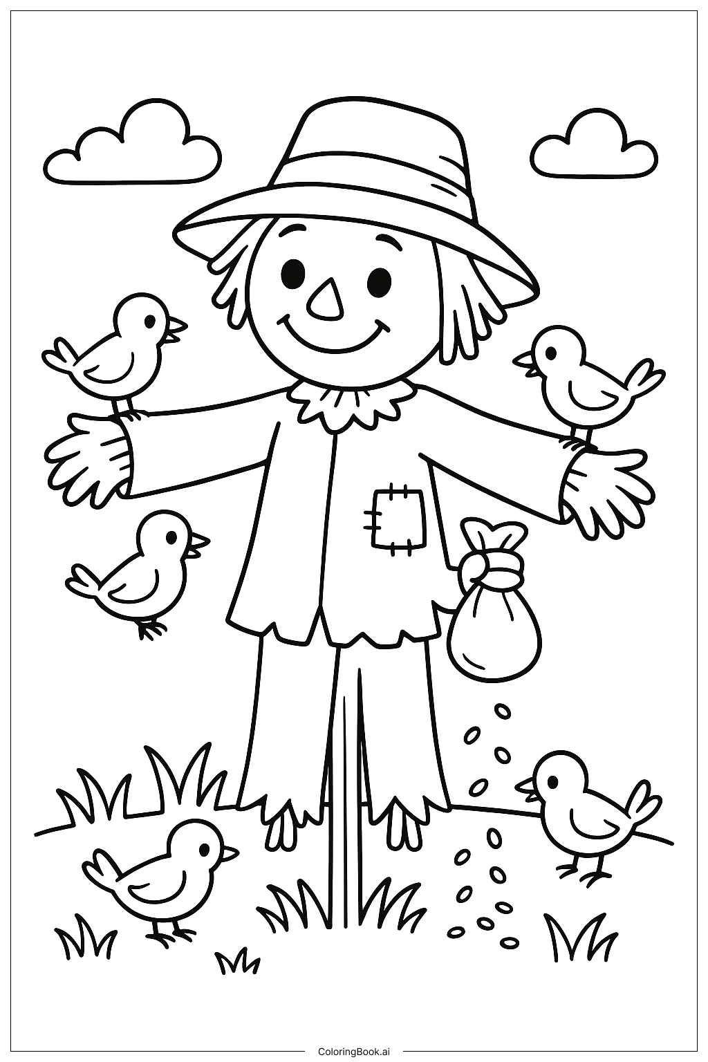 A Kind Scarecrow Sharing Seeds With Birds Coloring Page