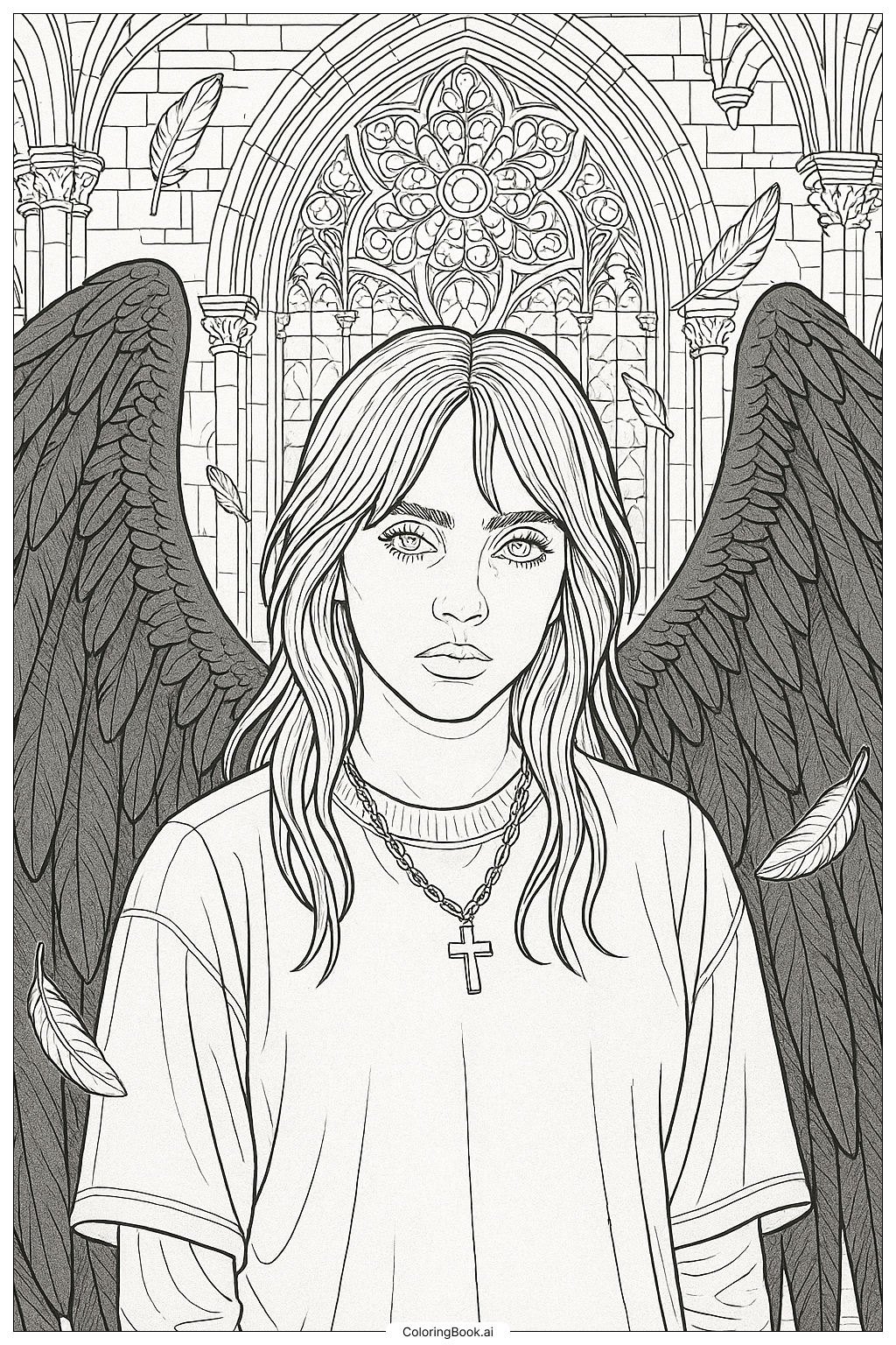  Página para colorir de Billie Eilish com Asas de Anjo Sombrio 