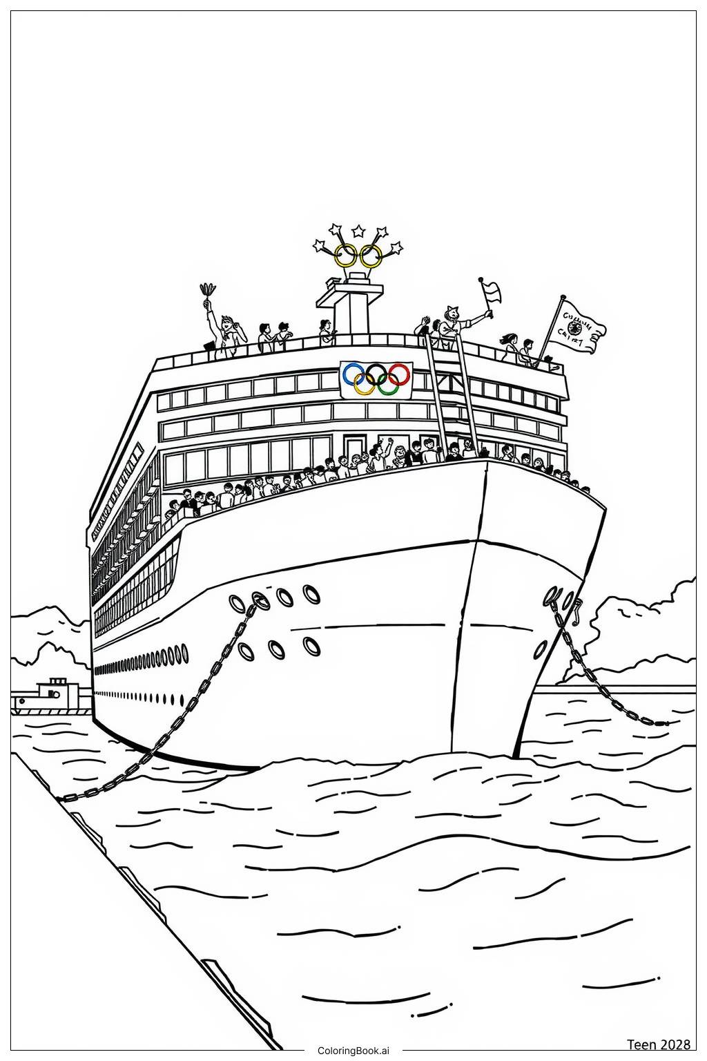  Page de coloriage Bateau Olympique Accueillant des Événements d'Échange Culturel 