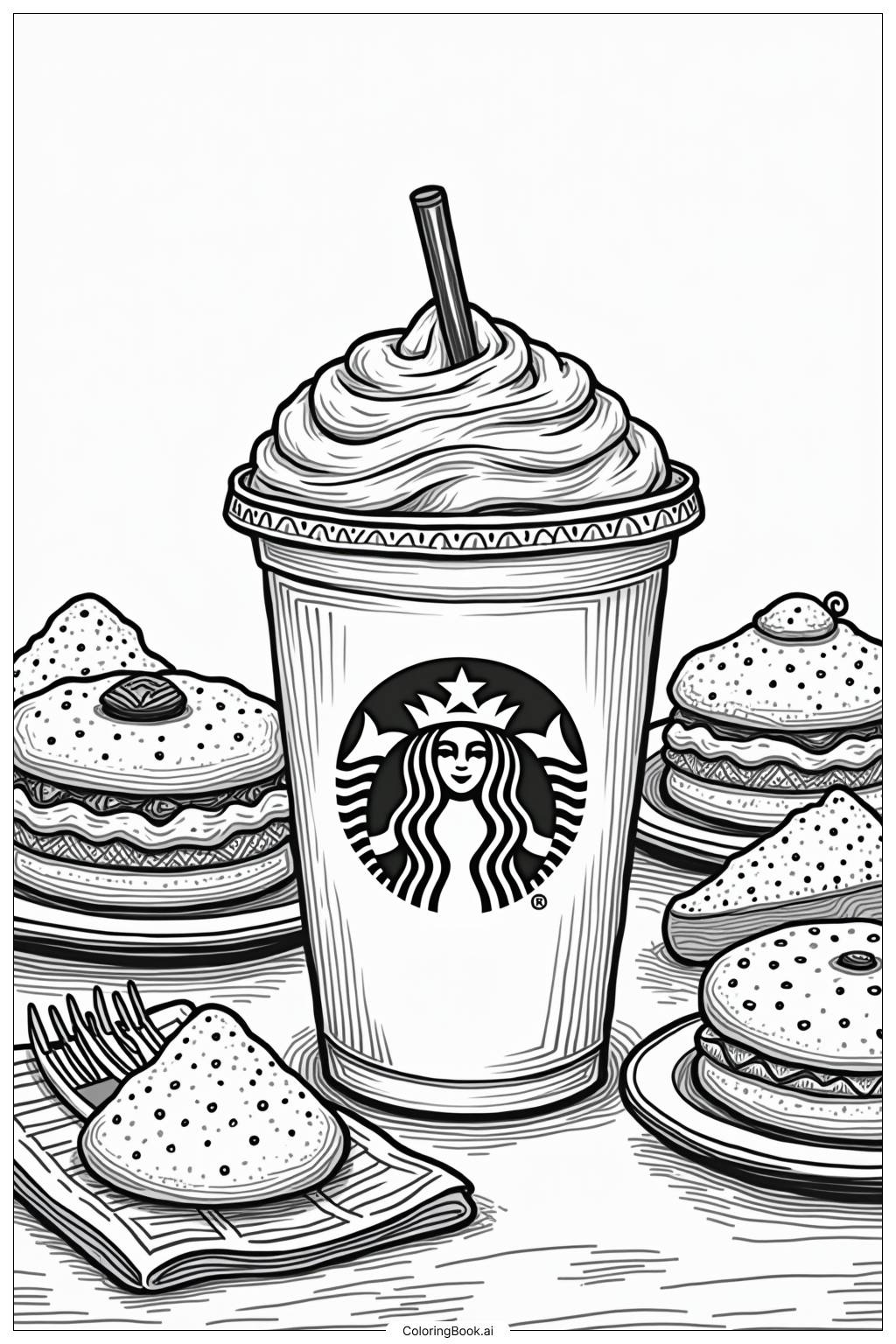  Page de coloriage Boisson Starbucks entourée de snacks mignons 