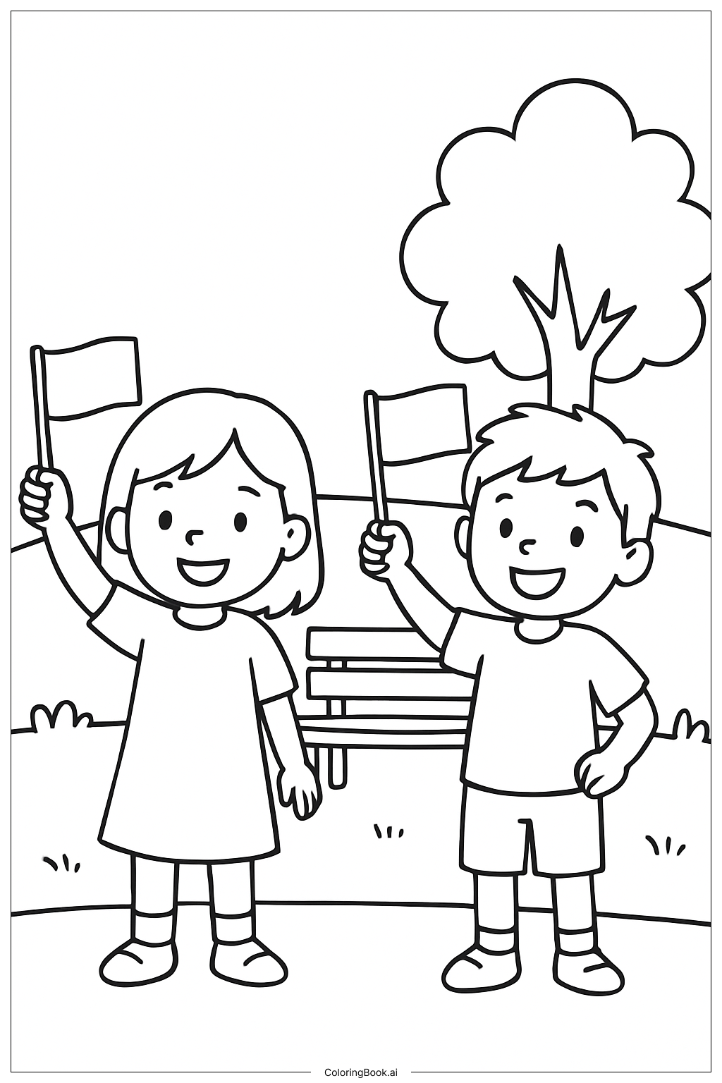  美国独立日孩子们挥旗填色页 