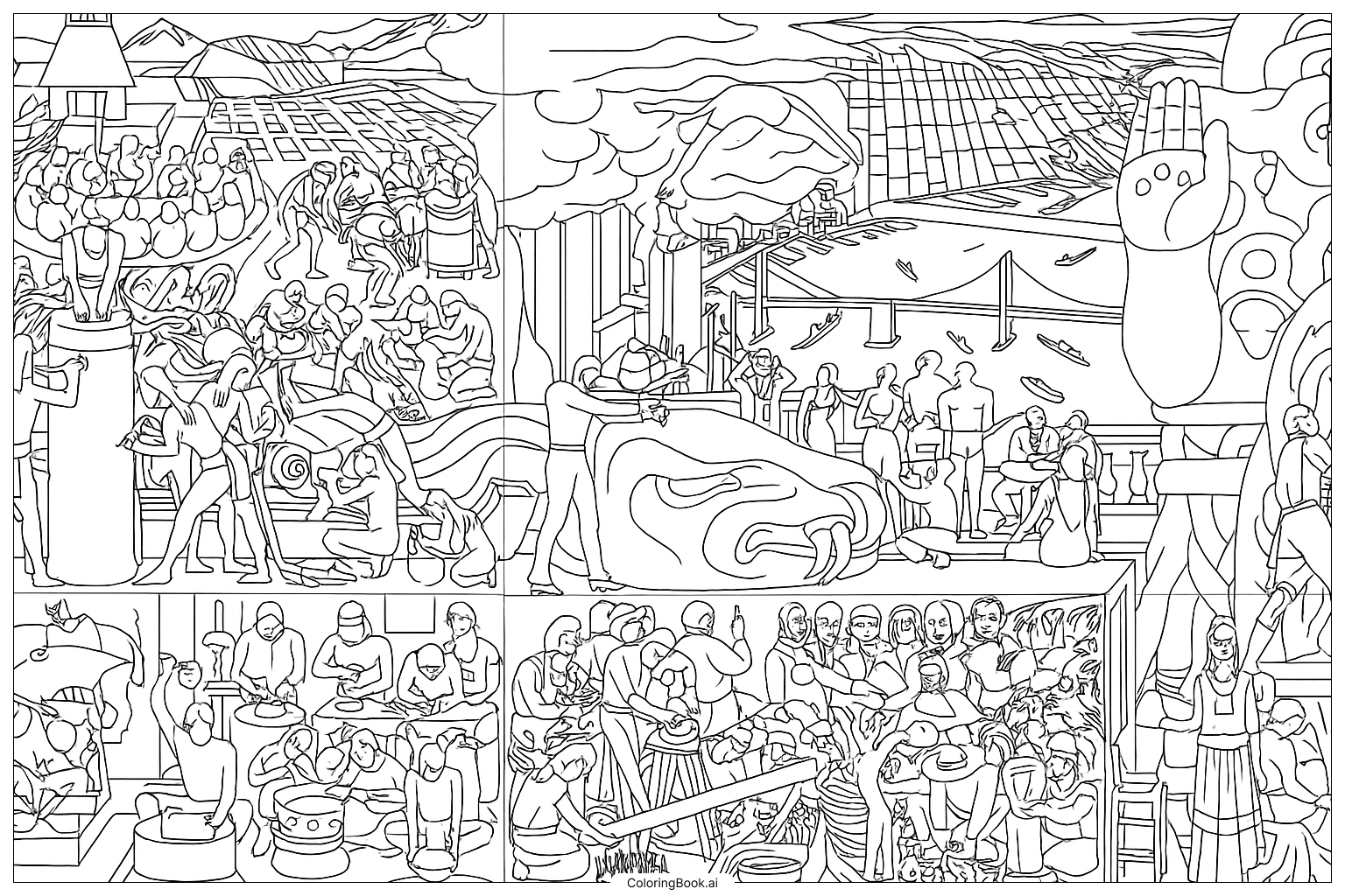 迭戈·里维拉的巨型壁画与致力于展示它的女性填色页 