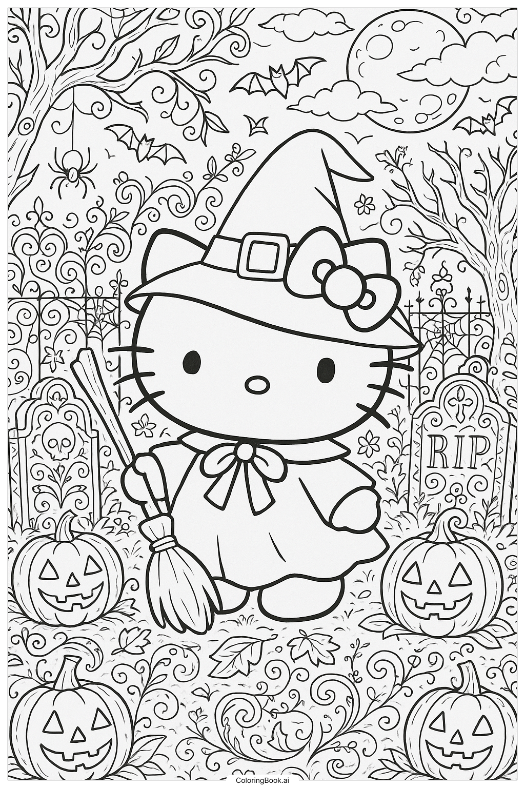 Ein gruseliger Friedhof mit Hello Kitty Ausmalseite