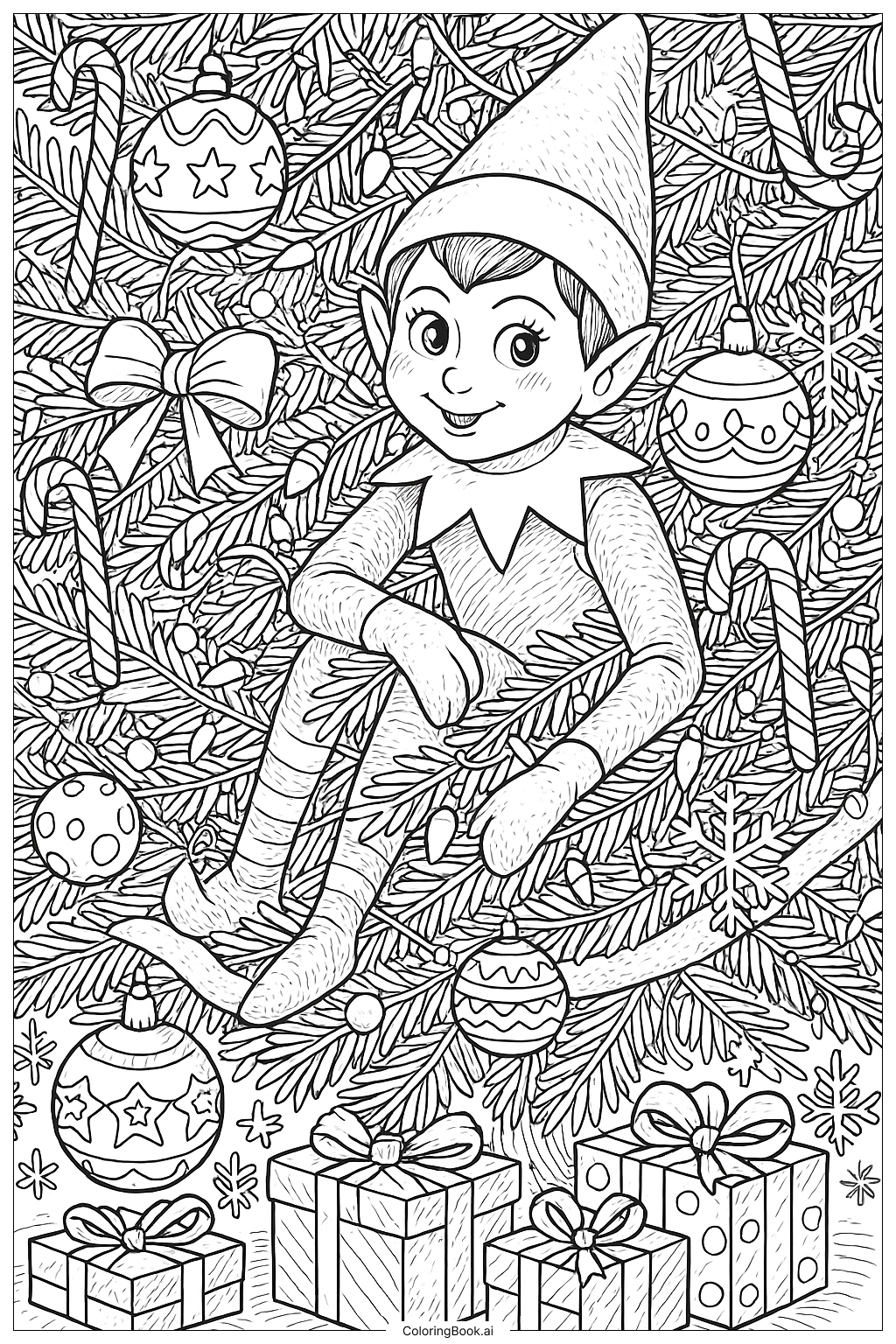  Página para colorir de Elfo No Escaninho Escondido Em Uma Árvore Decorada 