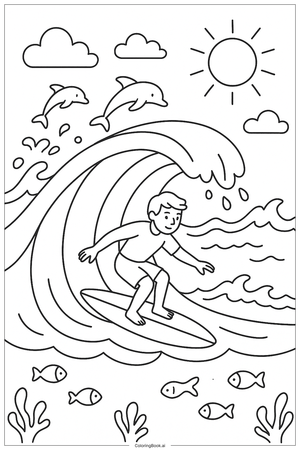  冲浪者骑乘巨浪填色页 