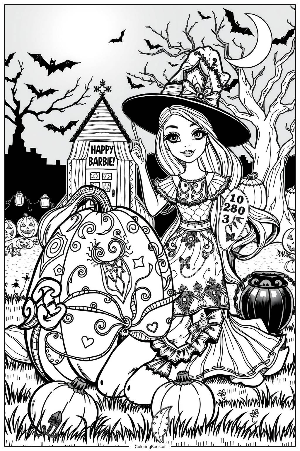  Page de coloriage décoration de citrouilles d'Halloween de Barbie 