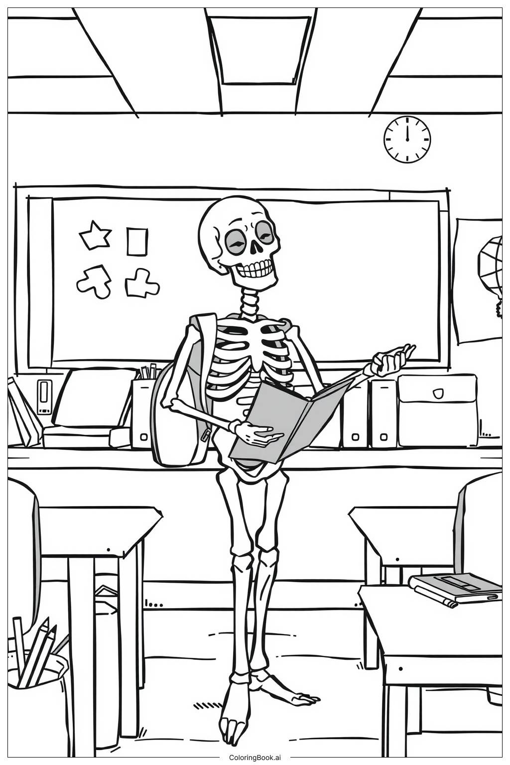  スケルトン学校の楽しみの塗り絵ページ 