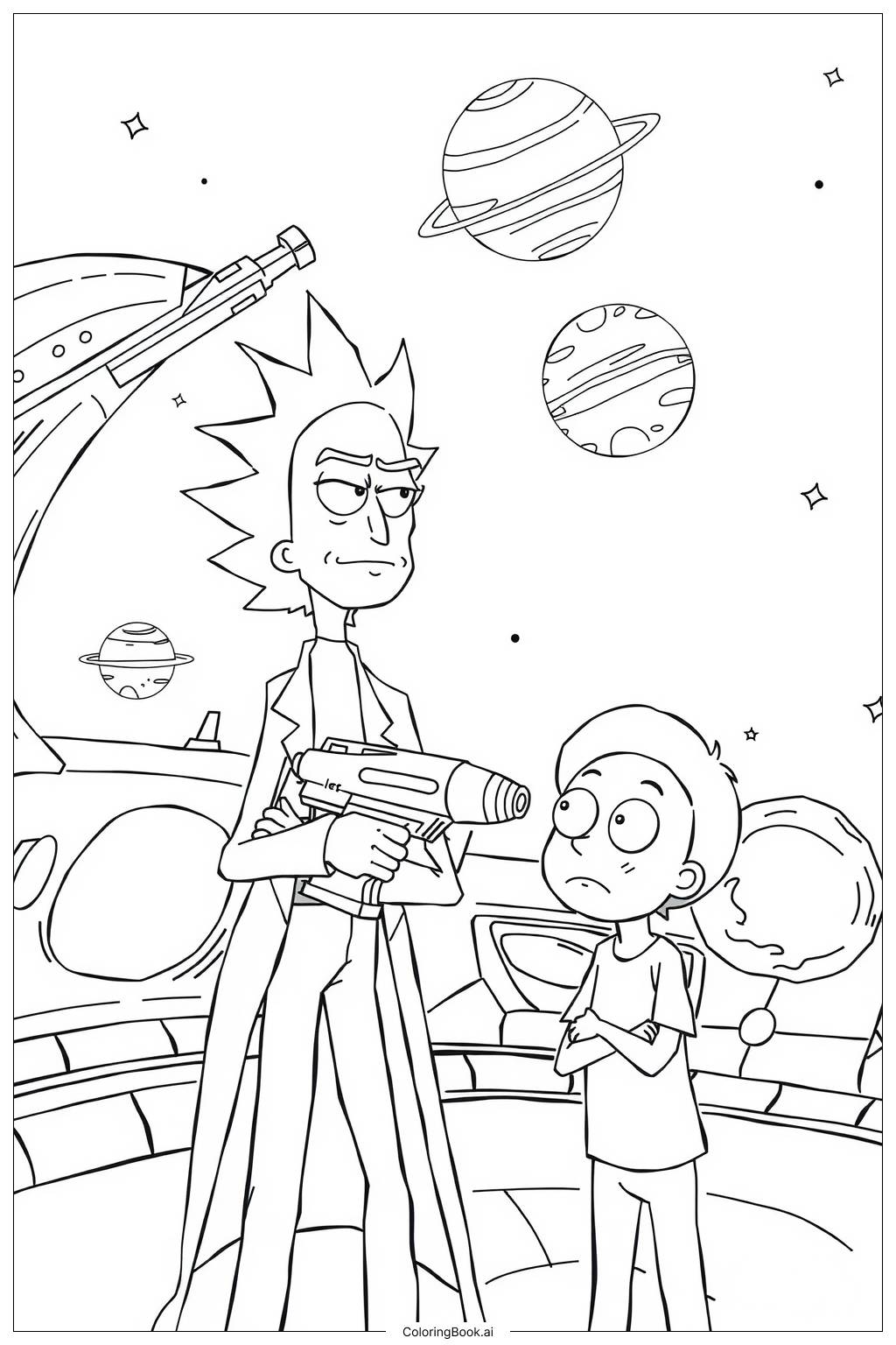  Página para colorir de Rick e Morty Explorando um Planeta Alienígena 