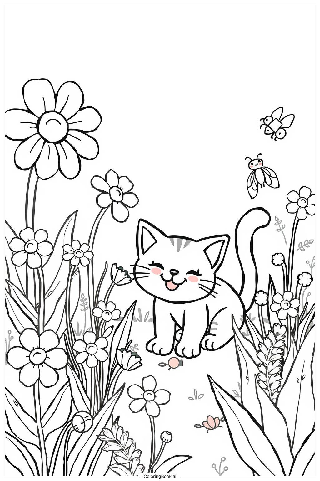  Page de coloriage Chat Dans le Jardin de Fleurs 