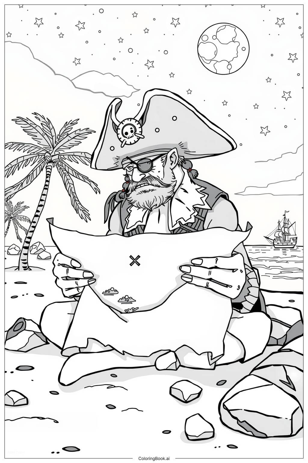  Pirate Reading a Treasure Map Under Moonlight Coloring Page 