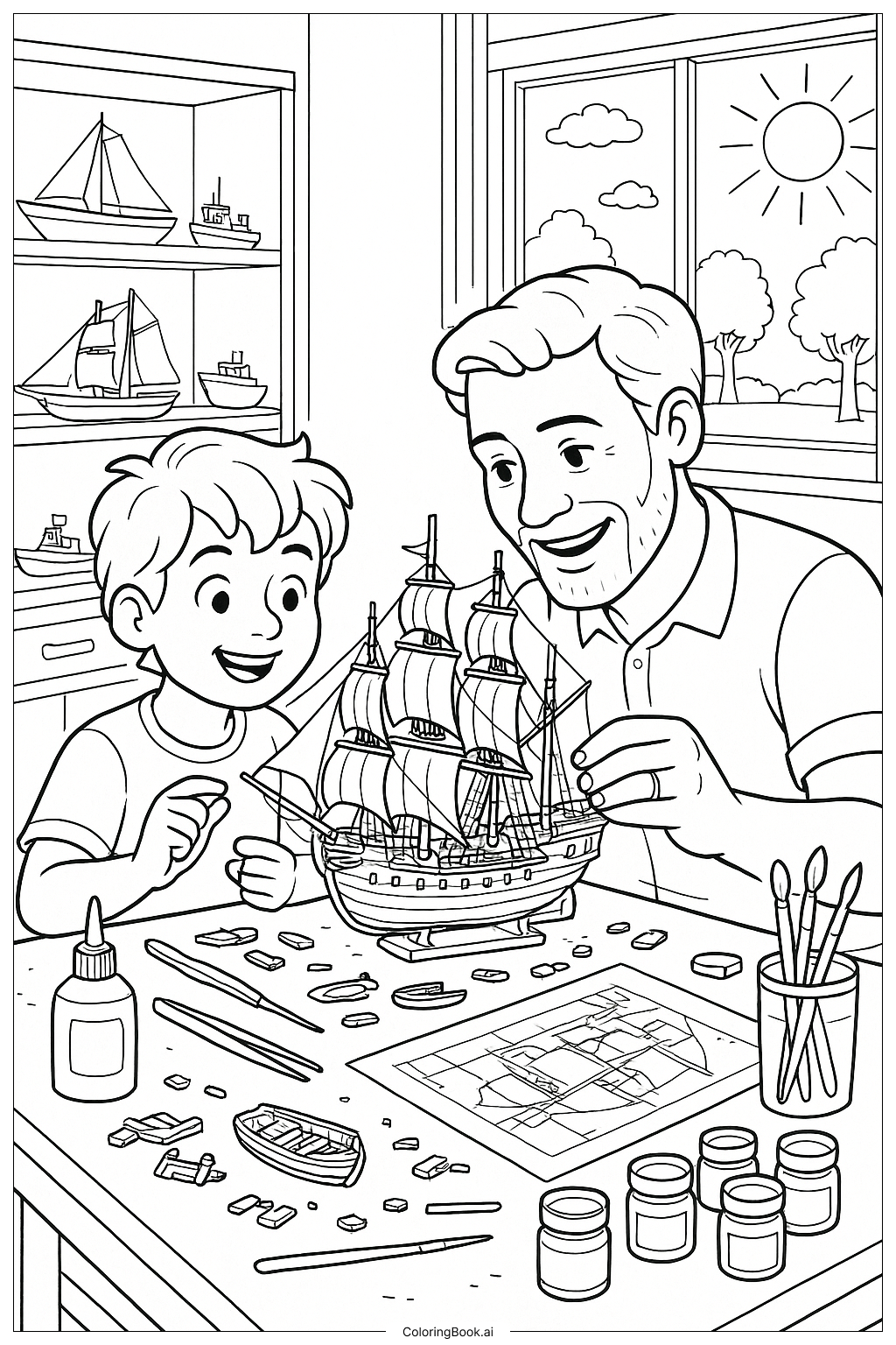 Building A Complex Model Ship On Fathers Day Coloring Page
