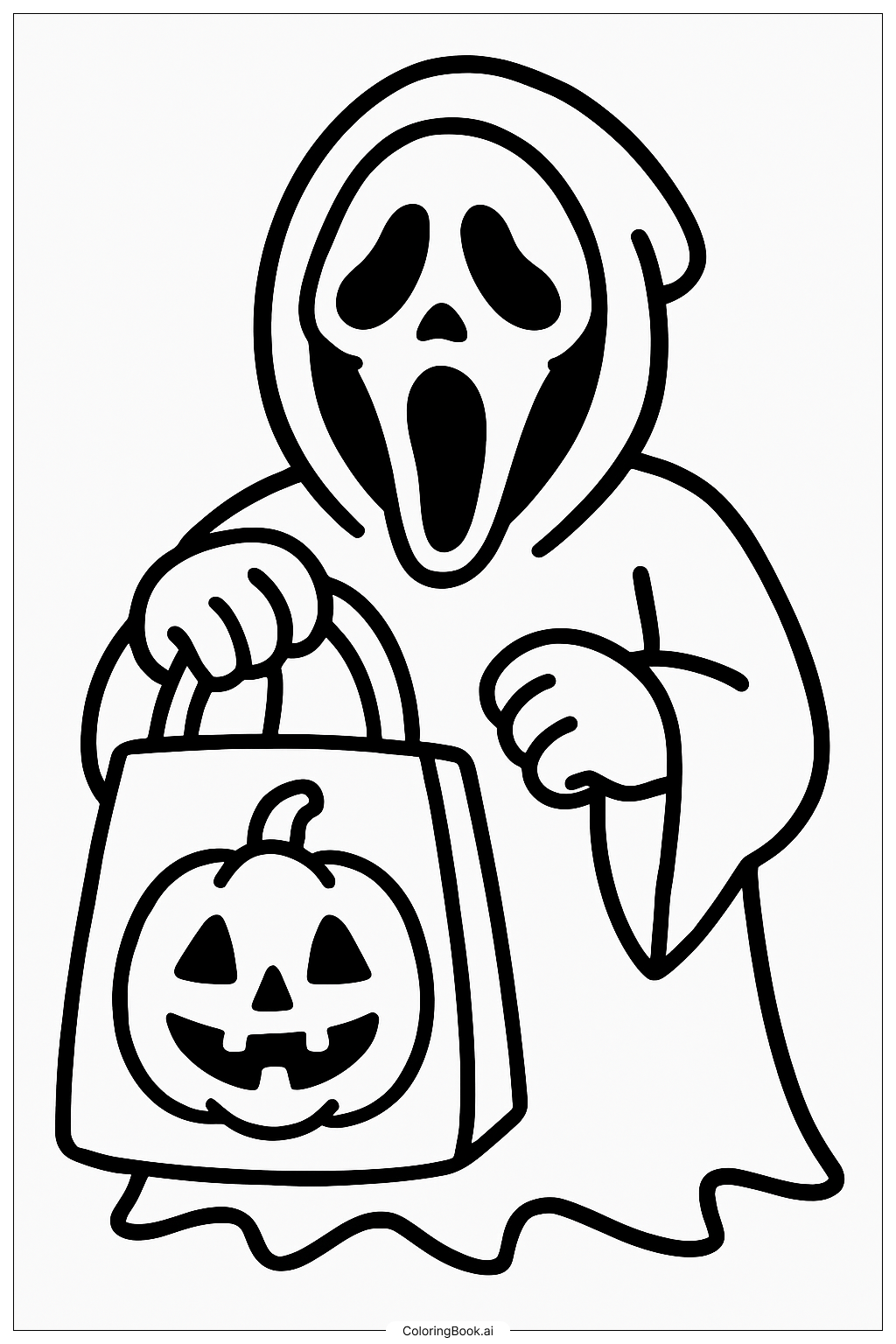  Página para colorear de Ghostface Sosteniendo una Bolsa de Dulces de Halloween 