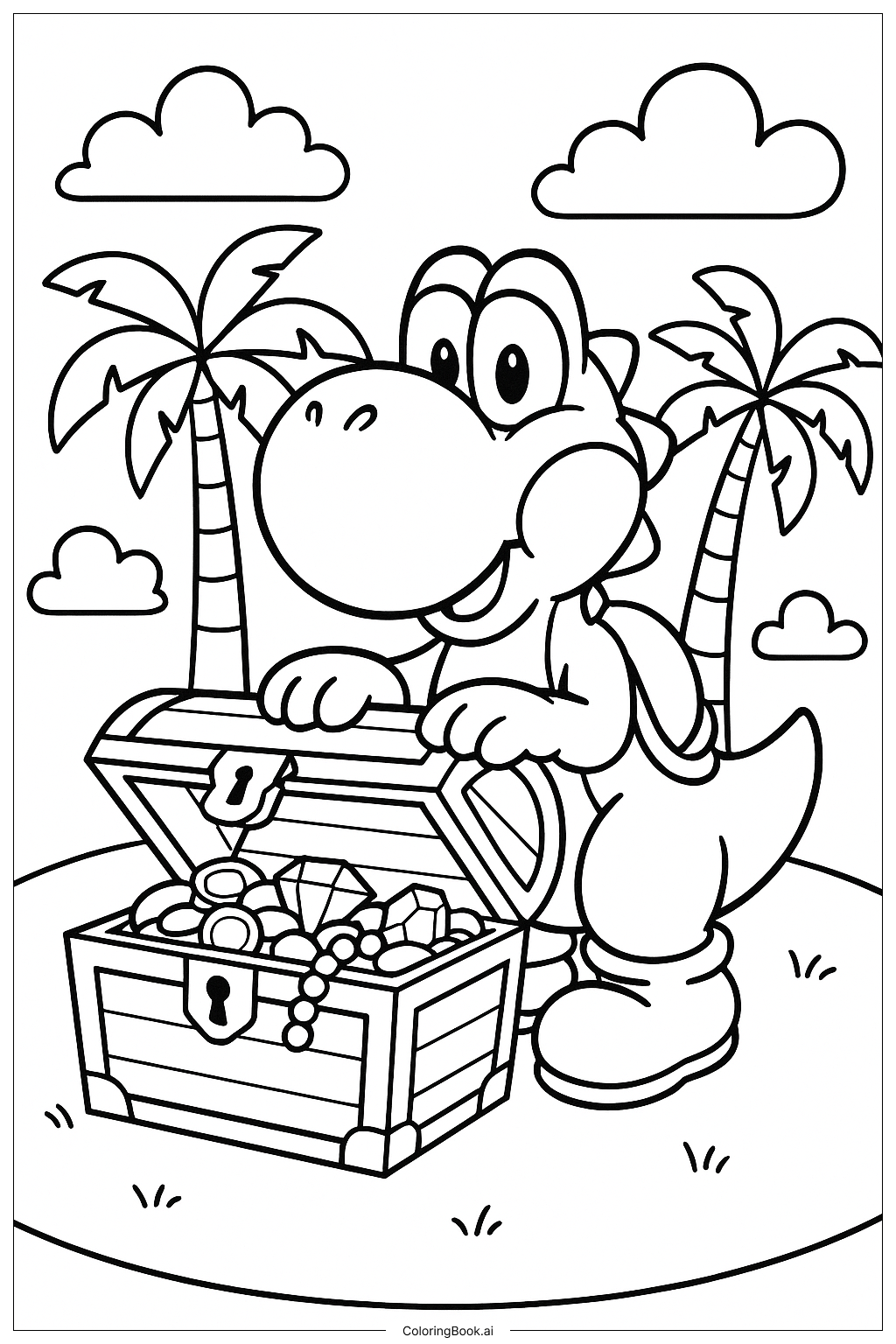  Yoshi Guarding a Treasure Chest Coloring Page 