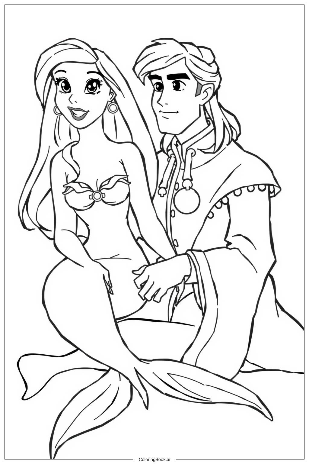  Page de coloriage Ariel et Eric profitant d'un pique-nique au bord de la mer 