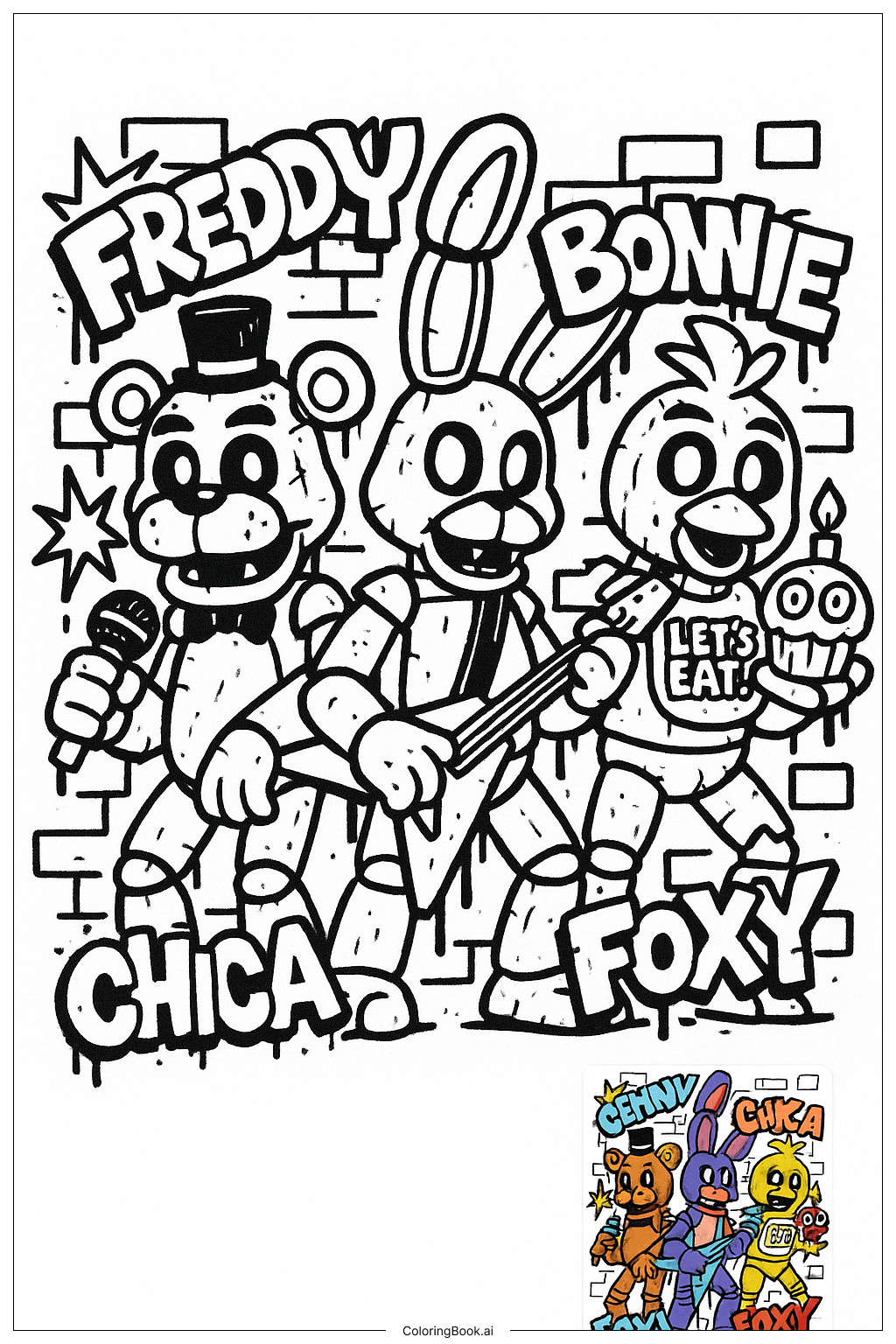  그래피티 스타일의 FNAF 캐릭터 초상화 색칠공부 페이지 