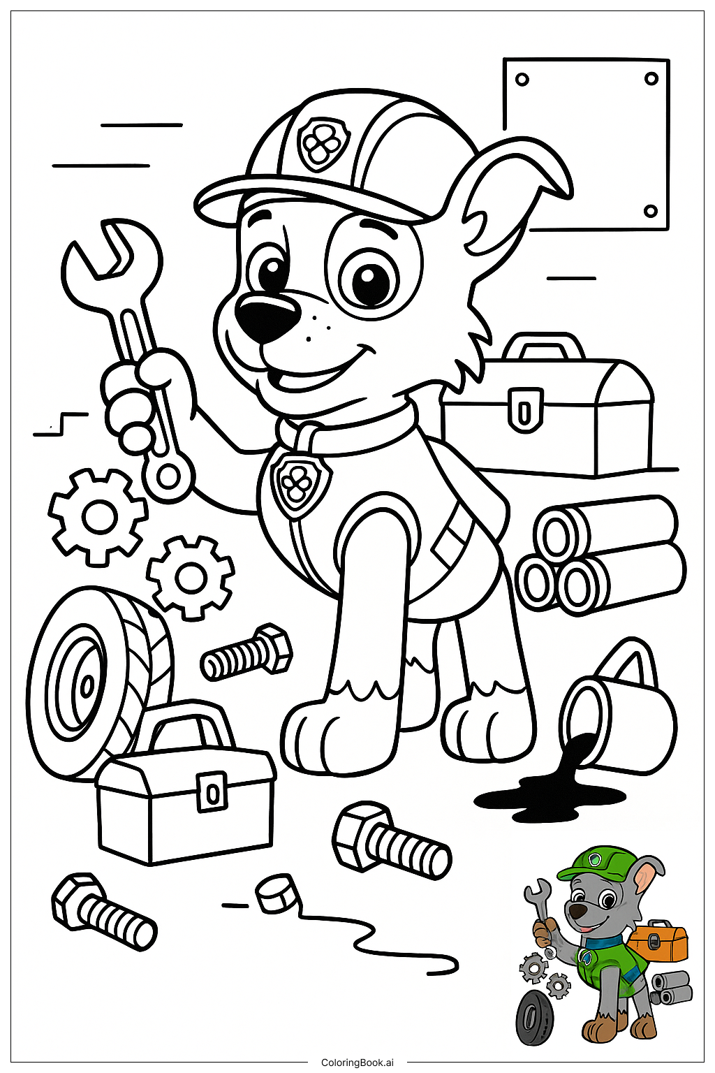  Página para colorir de Paw Patrol Rocky Consertando Máquinas 