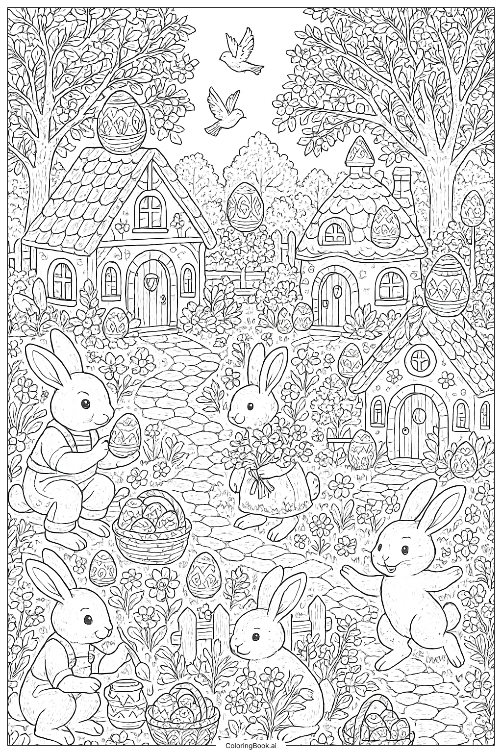 The Easter Bunny's Village In Spring Coloring Page
