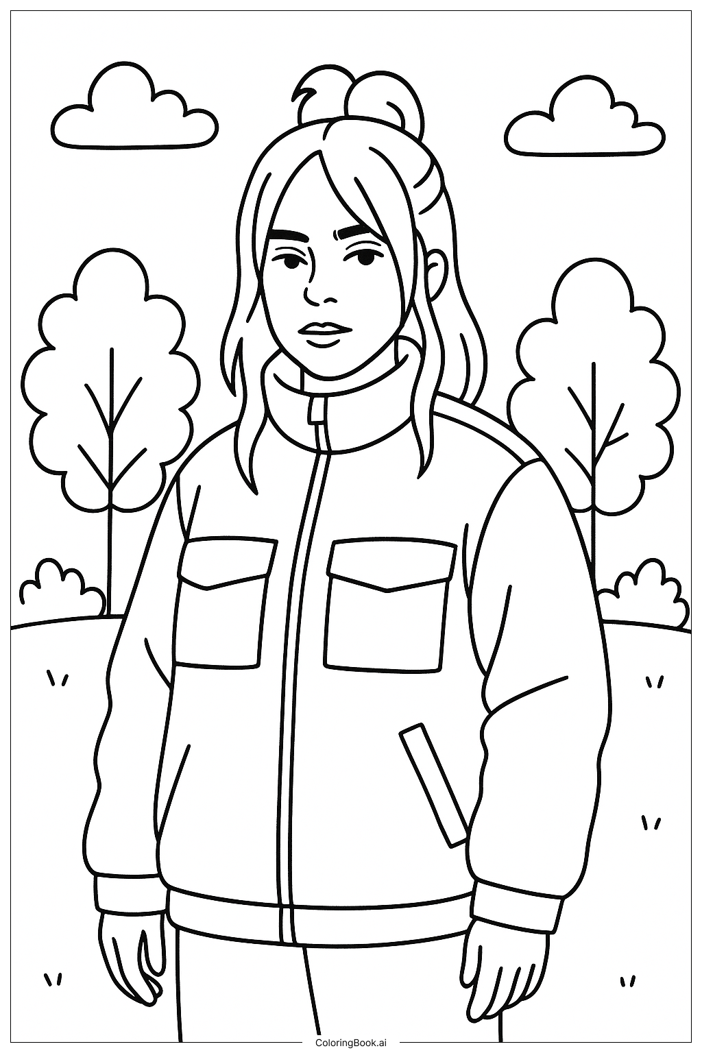  Página para colorir de Billie Eilish Com Uma Jaqueta Estilosa 