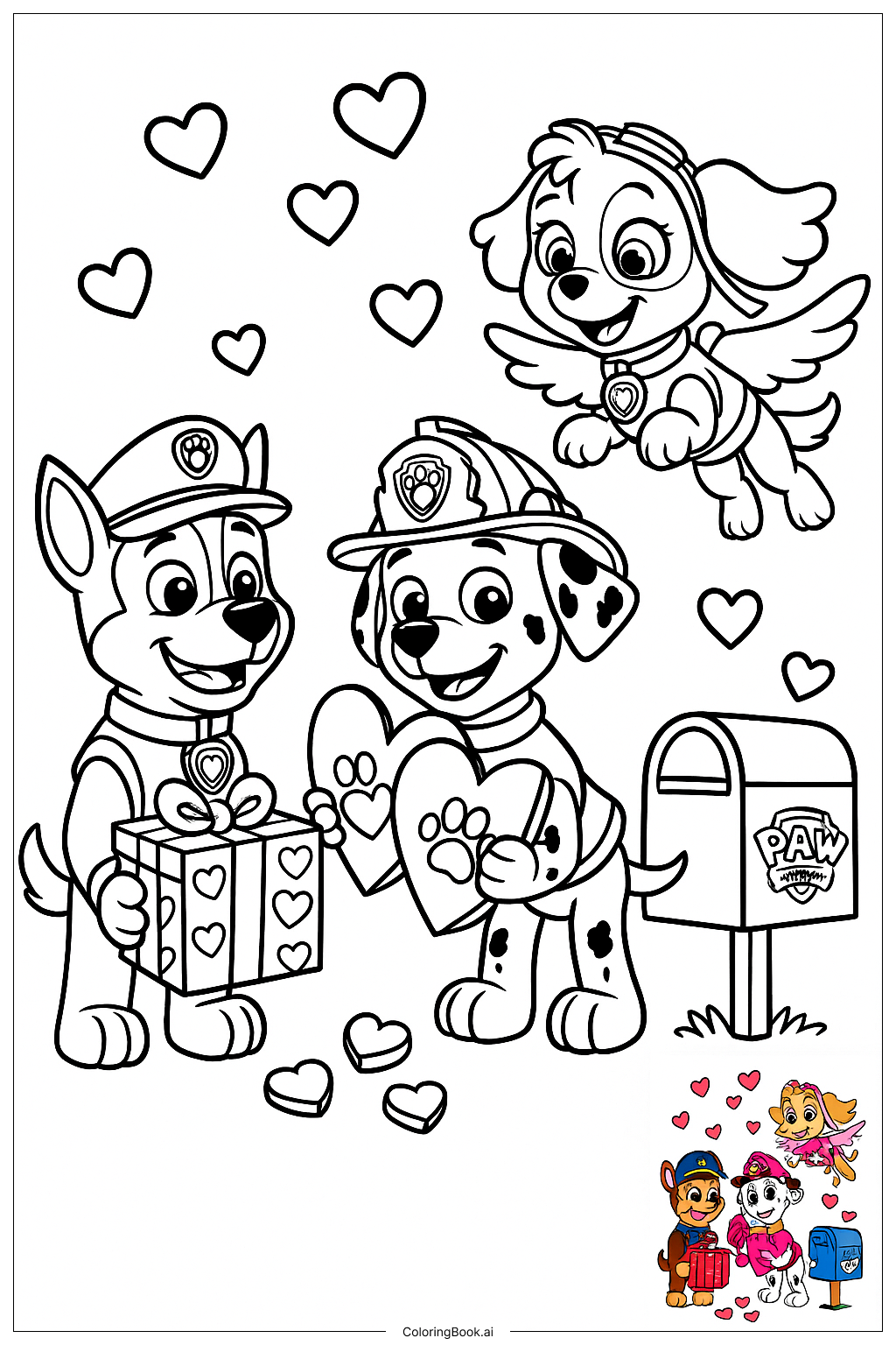  Página para colorir de Troca de Presentes do Dia dos Namorados do Patrulha Canina 