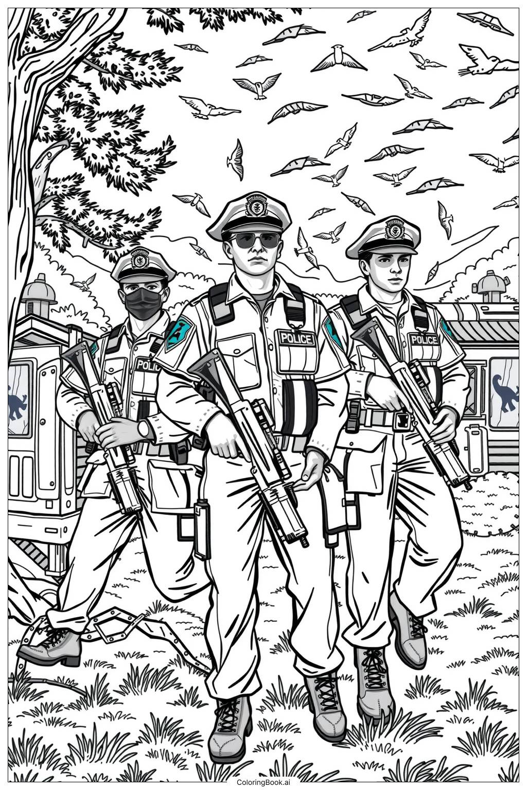  Police Team Training in the Park Coloring Page 