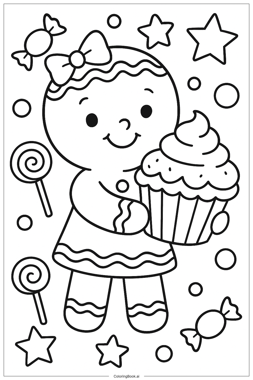  カップケーキを持ったジンジャーブレッドガールの塗り絵ページ 