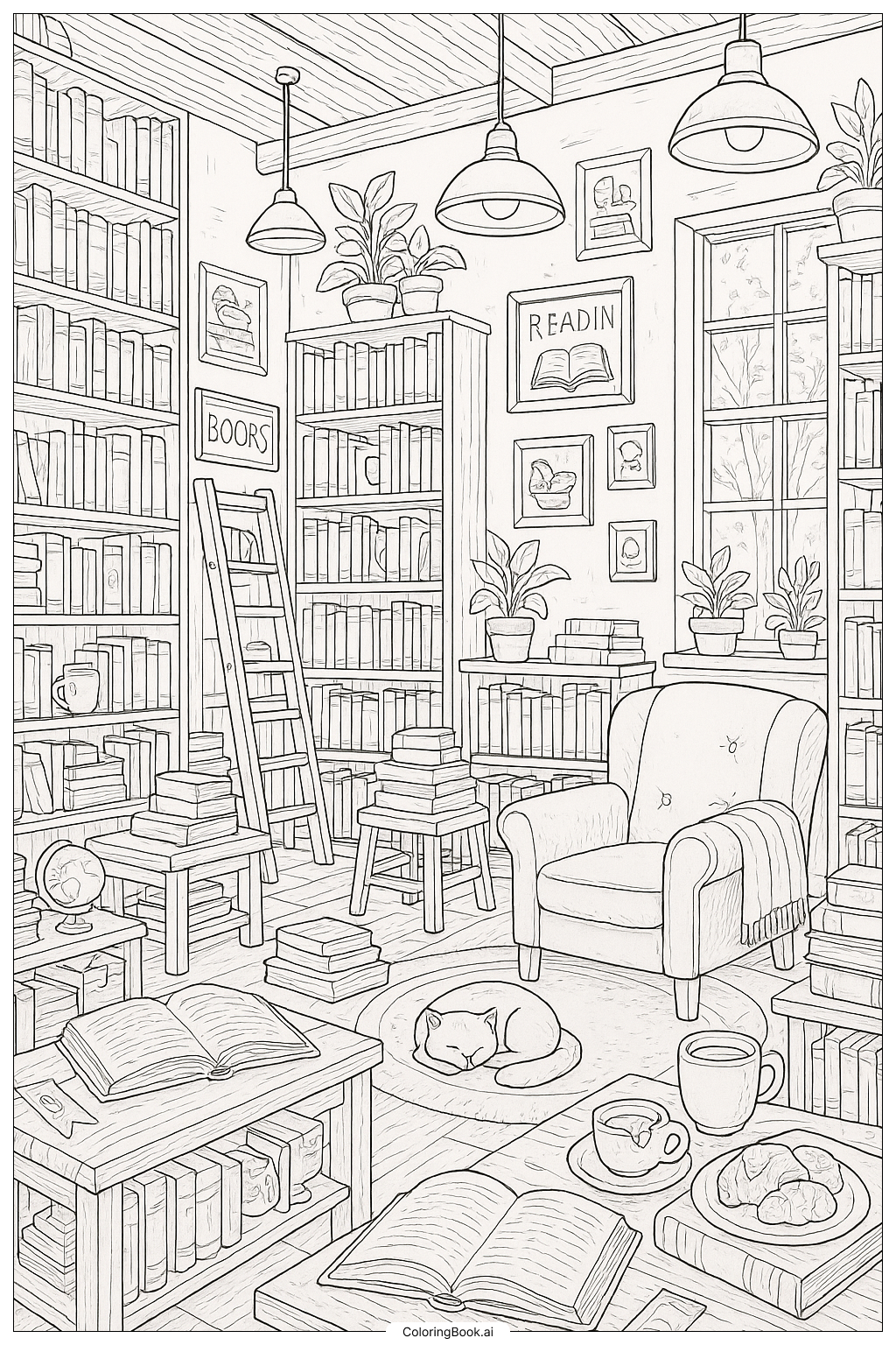  Page de coloriage Une Librairie Confortable Pleine de Détails 
