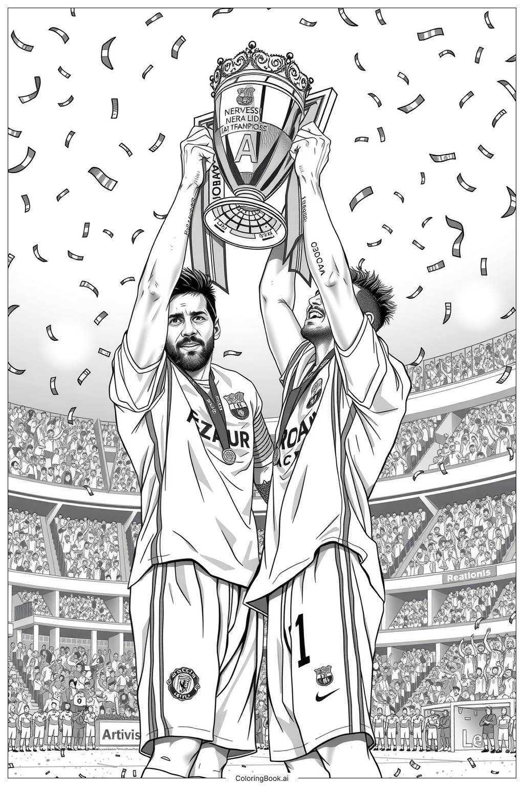  messi and neymar lifting a championship trophy Coloring Page 