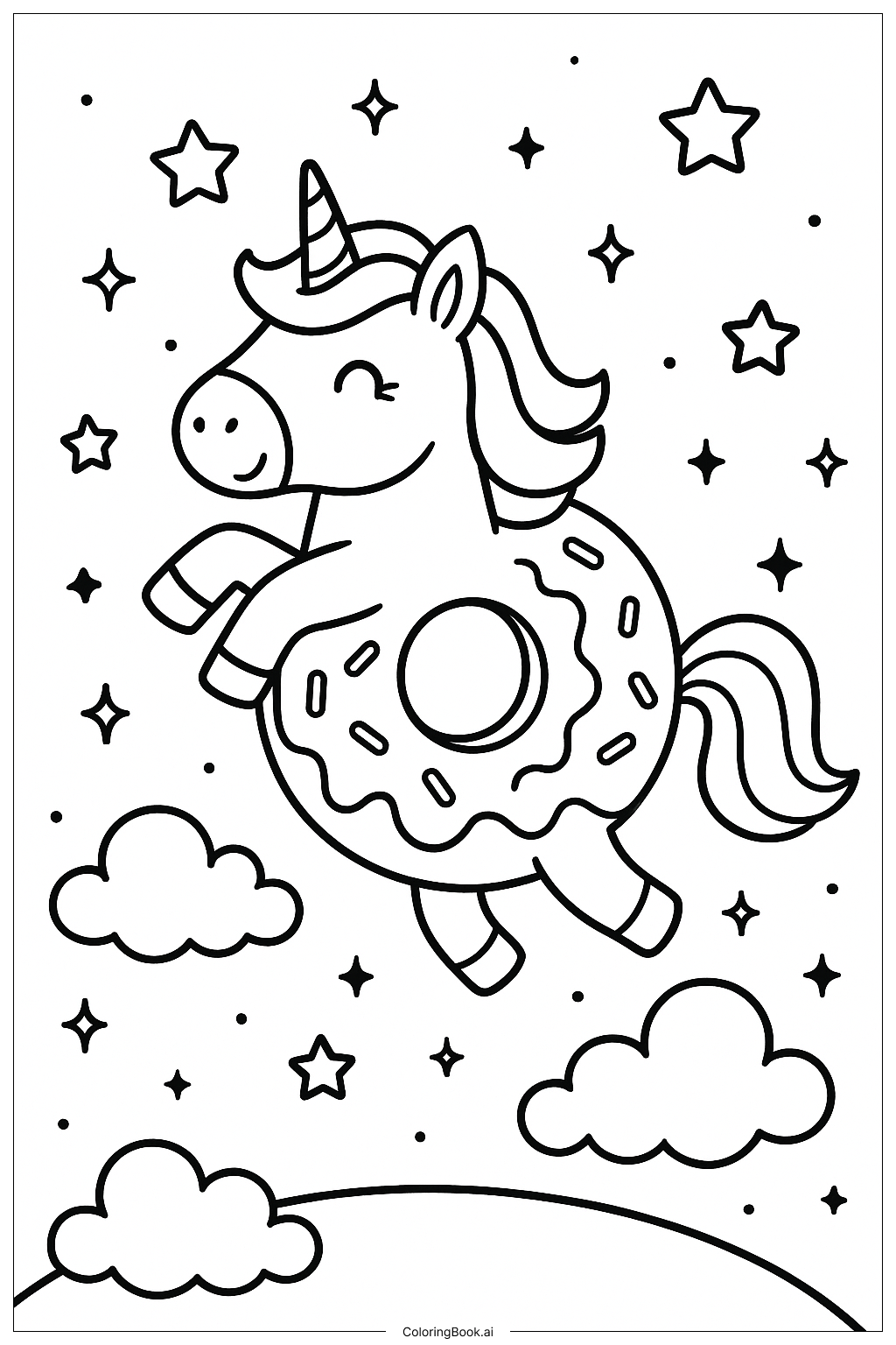  Magical Unicorn Donut With Stars Coloring Page 