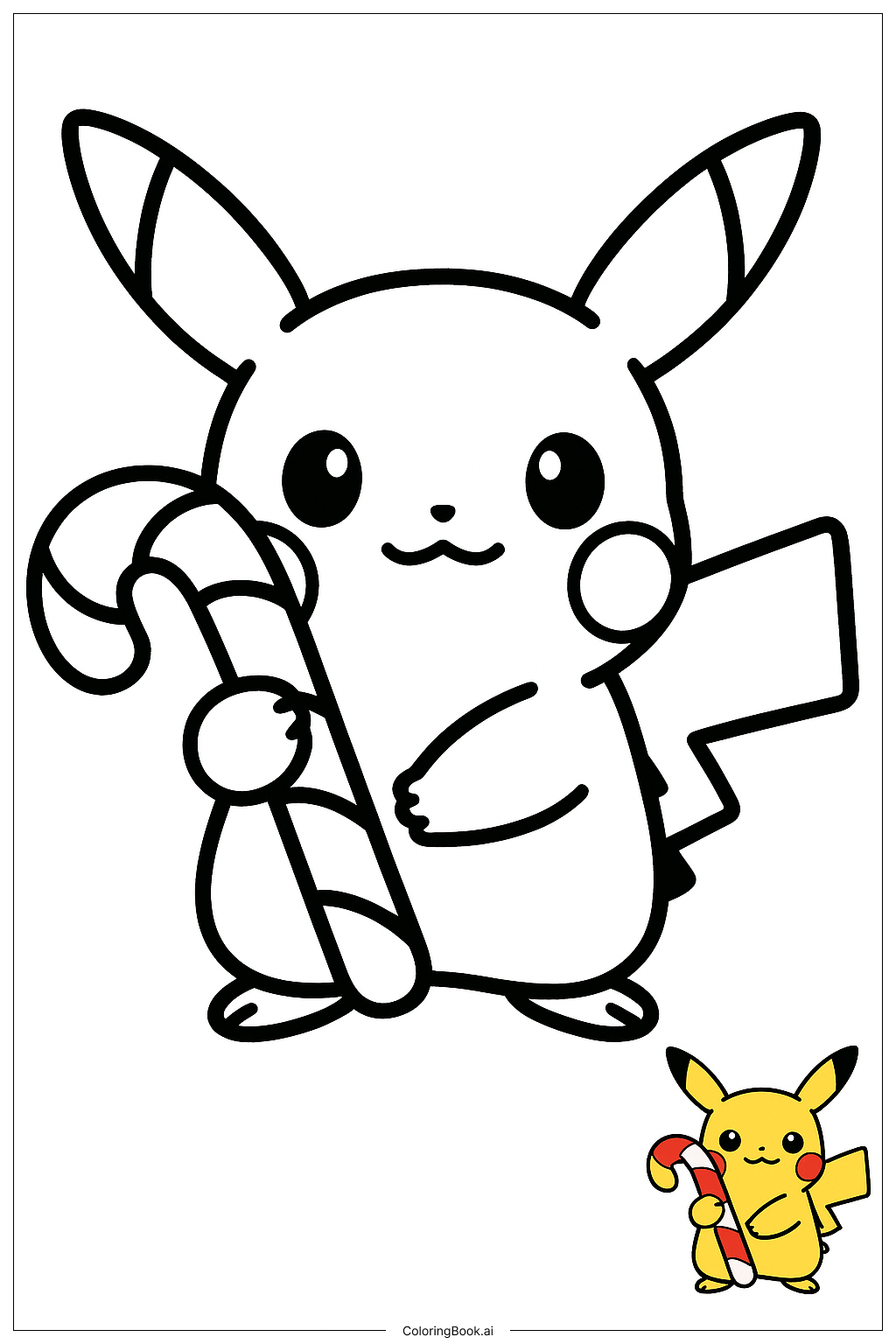  Pikachu Holding A Candy Cane Coloring Page 