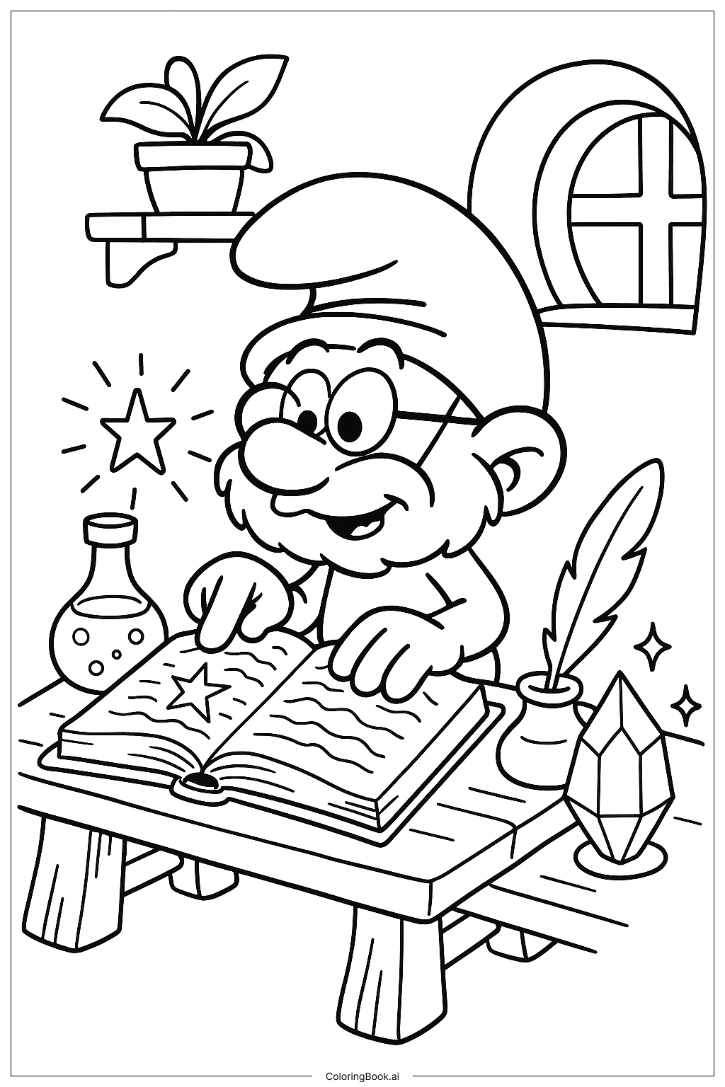  Papa Smurf Reading A Magic Spellbook Coloring Page 