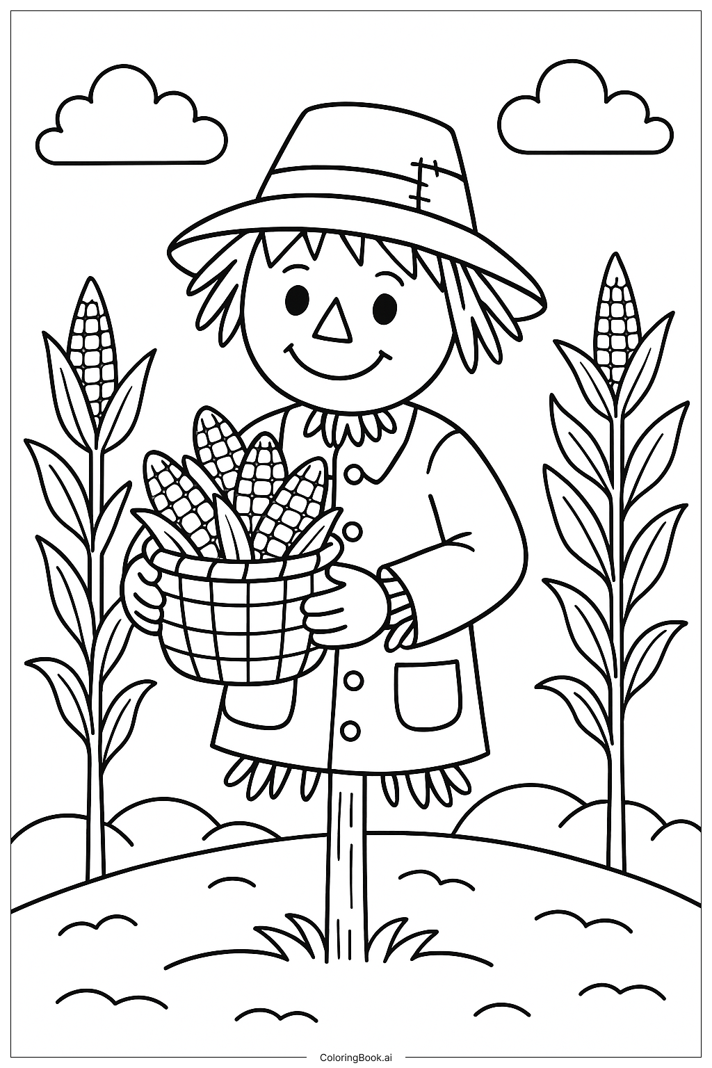 Scarecrow With A Basket Of Corn Coloring Page