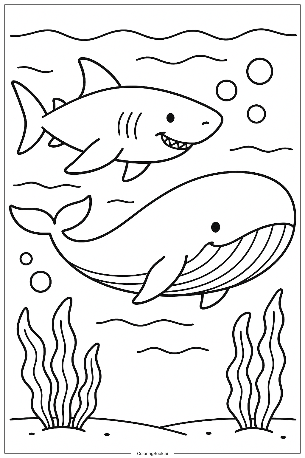  Megalodon und ein Blauwal Ausmalseite 