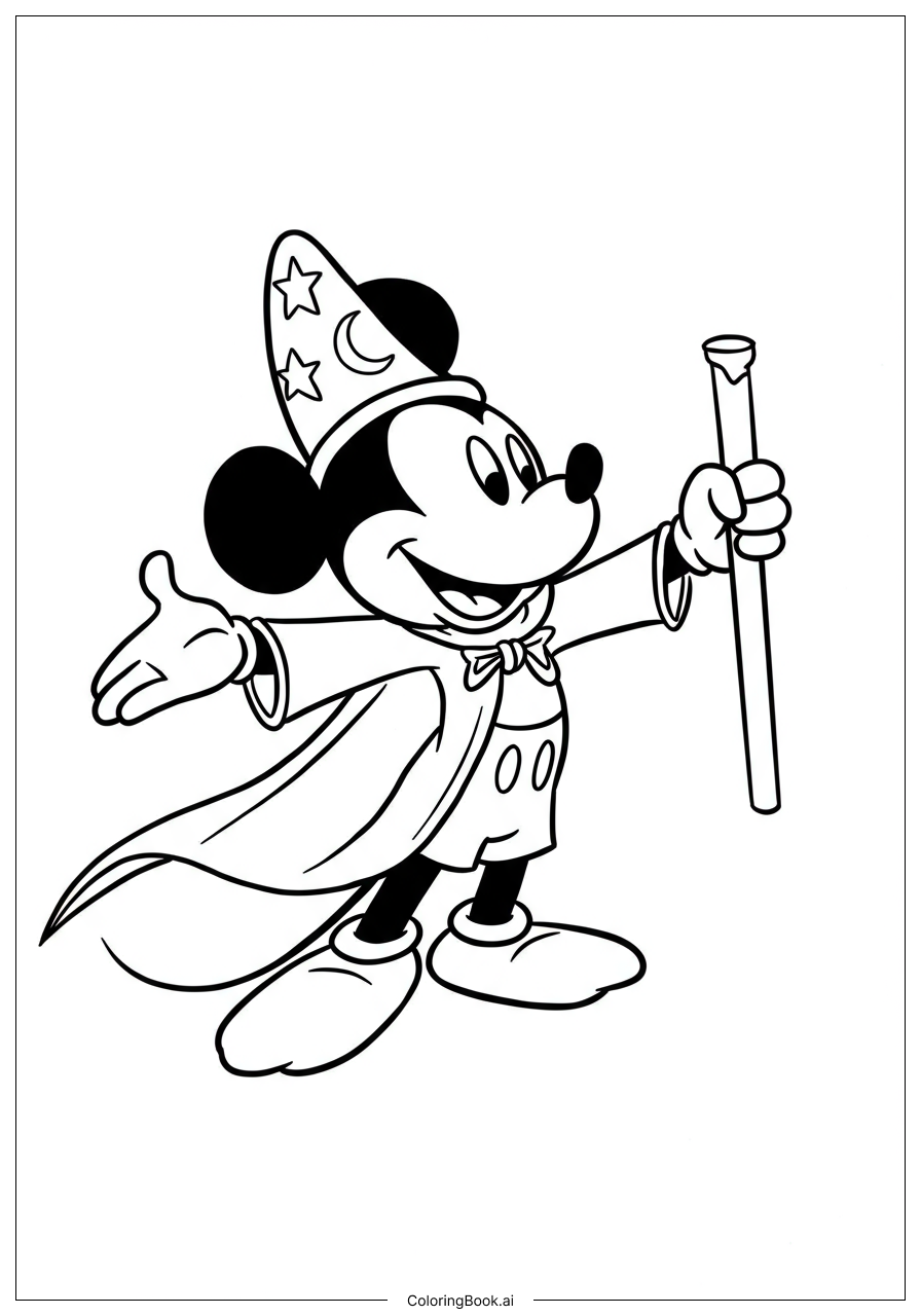  Página para colorir de Mickey Mouse Com Capa de Mágico 