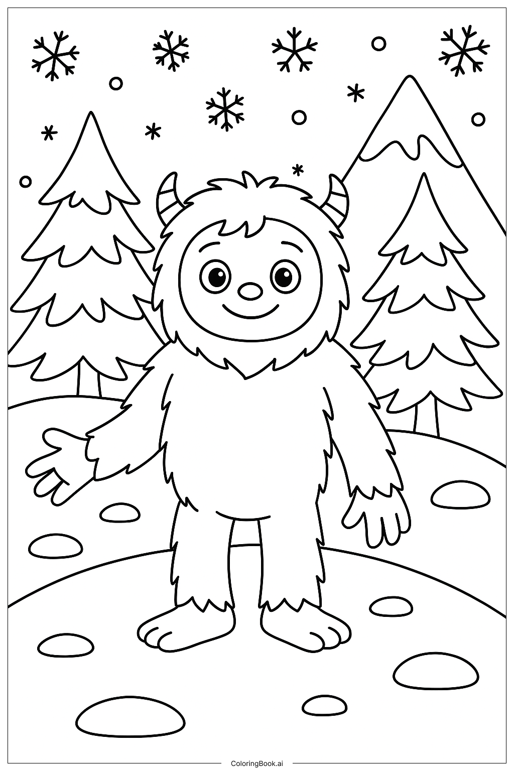  Page de coloriage Yéti dans une scène de montagne enneigée 