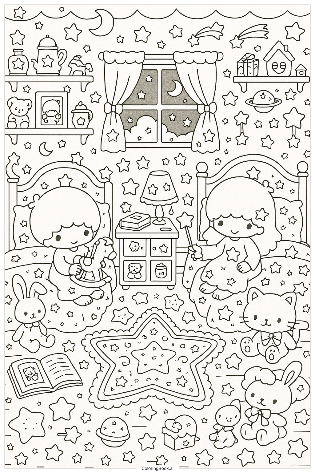  Detailed Little Twin Stars' Bedroom Scene Coloring Page 