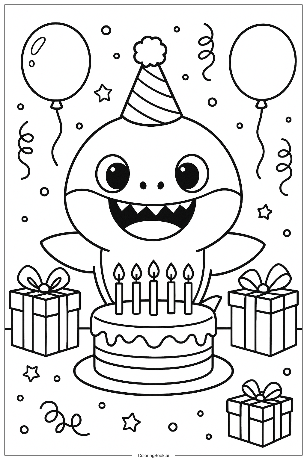 快樂生日時光:鯊魚寶寶與蛋糕及禮物著色頁