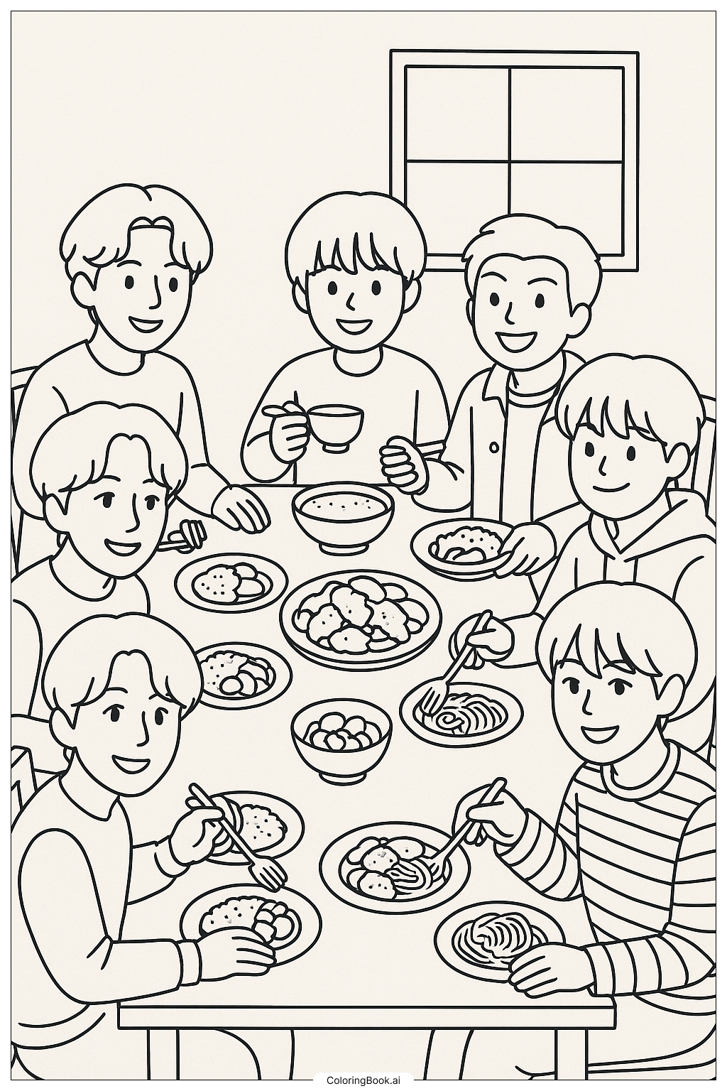 Página para colorear de BTS Comiendo Juntos