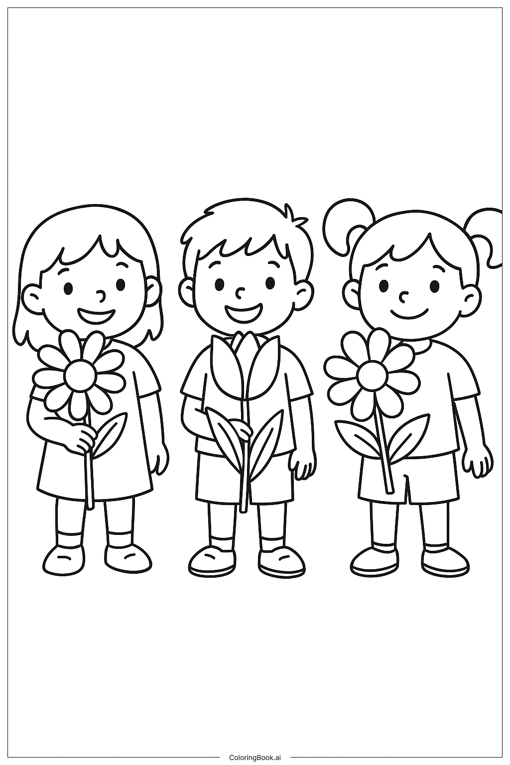  Página para colorir de Crianças em idade pré-escolar no jardim da escola 