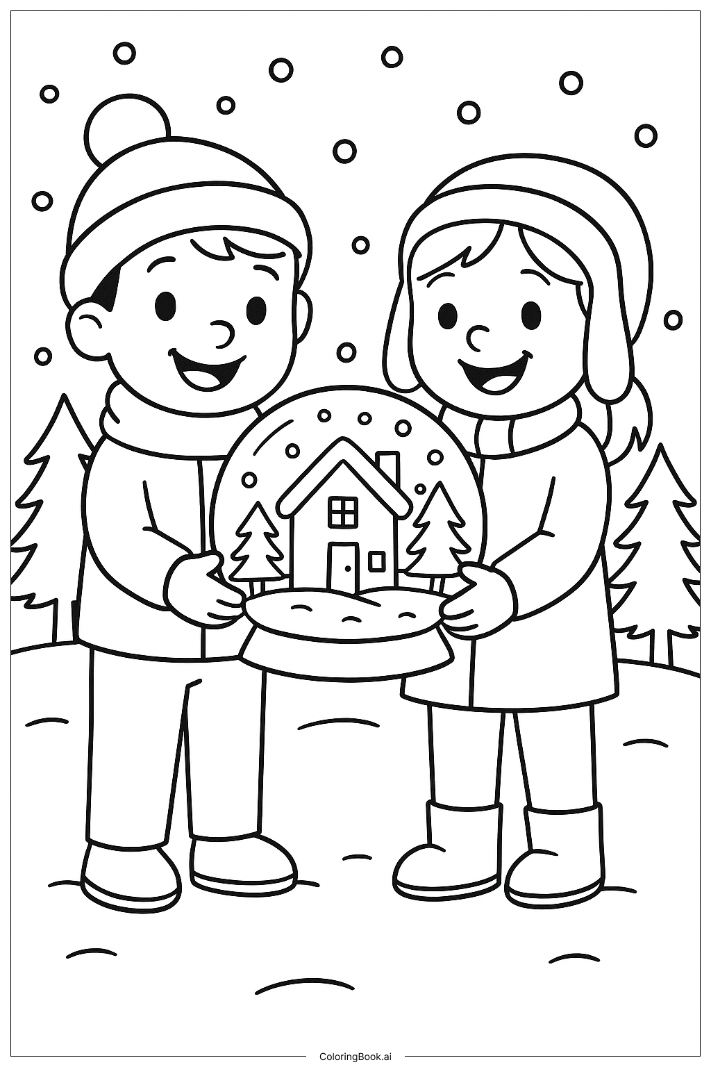 雪の球を持つ二人の子供の塗り絵ページ