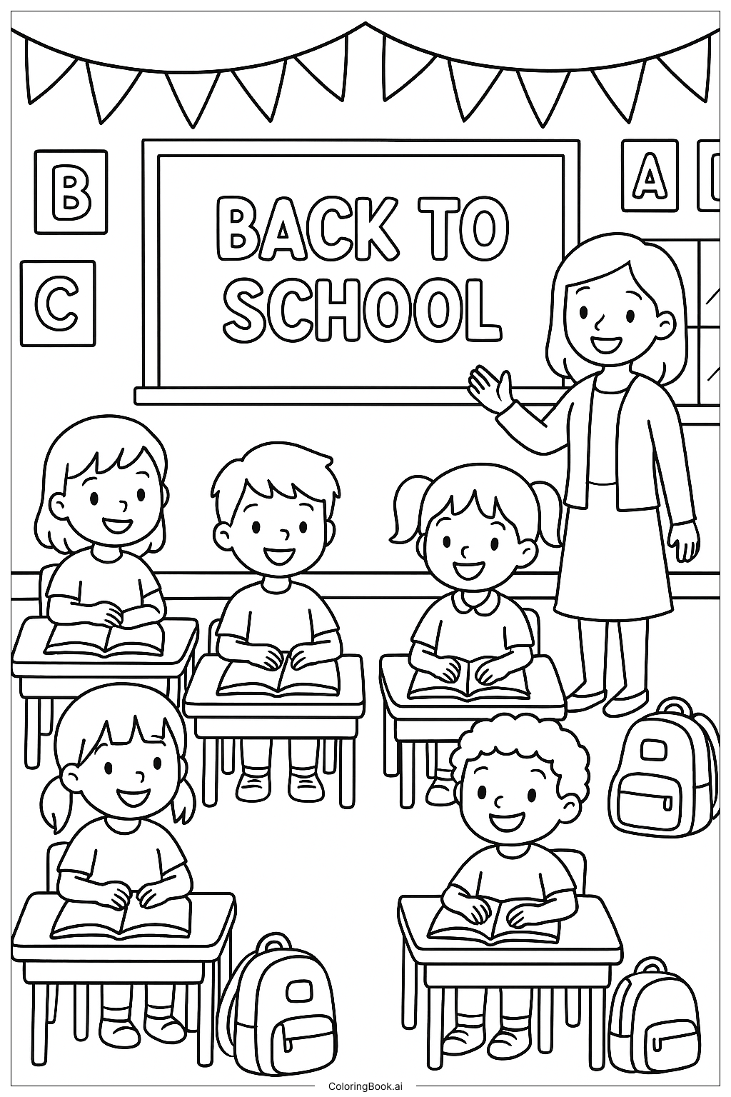  Página para colorir de Uma Sala de Aula Feliz de Volta às Aulas 
