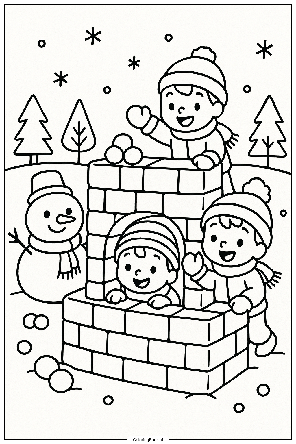 孩子们在冬天的雪堡里填色页