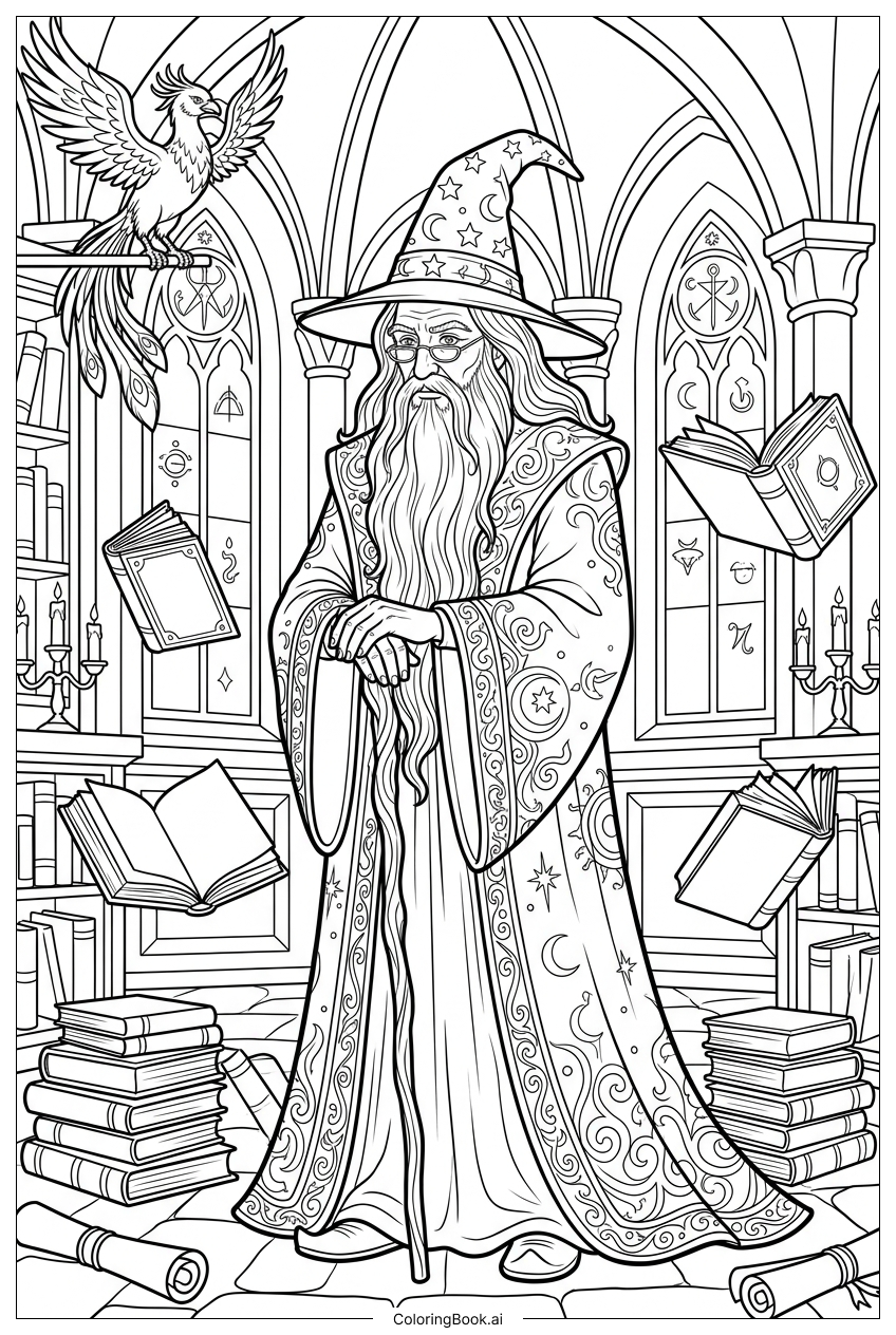 Harry Potter learning wisdom from robed headmaster Coloring Page