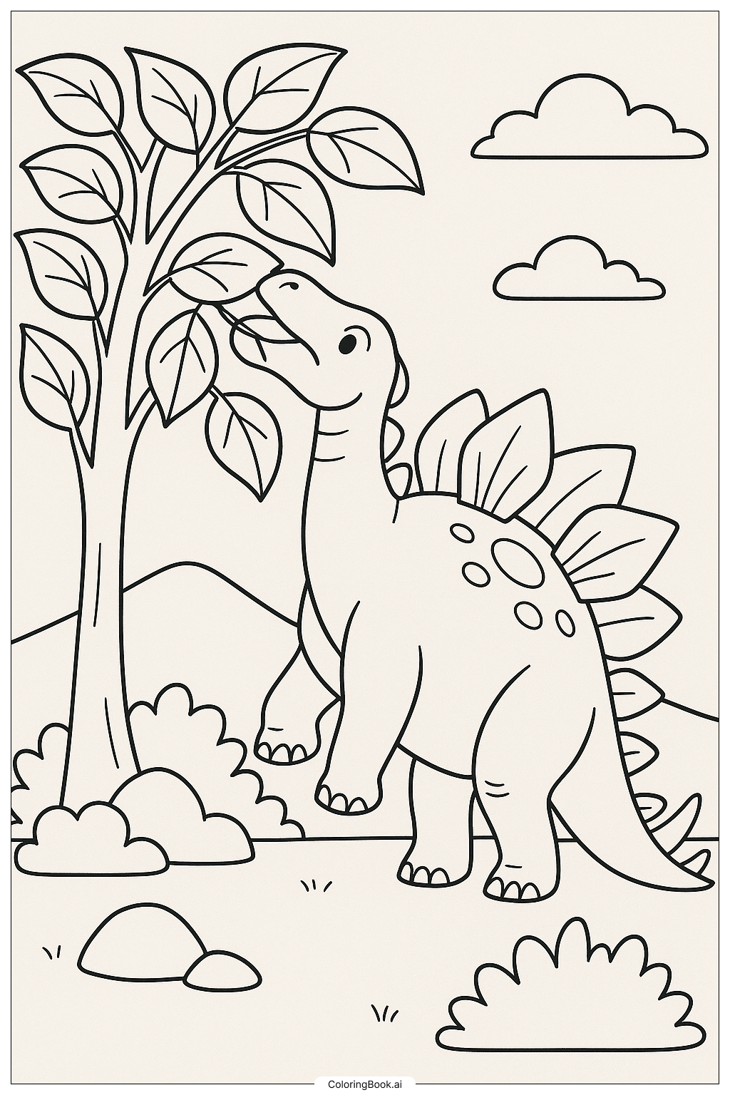 Stegosaurus frisst Blätter von einem Baum Ausmalseite