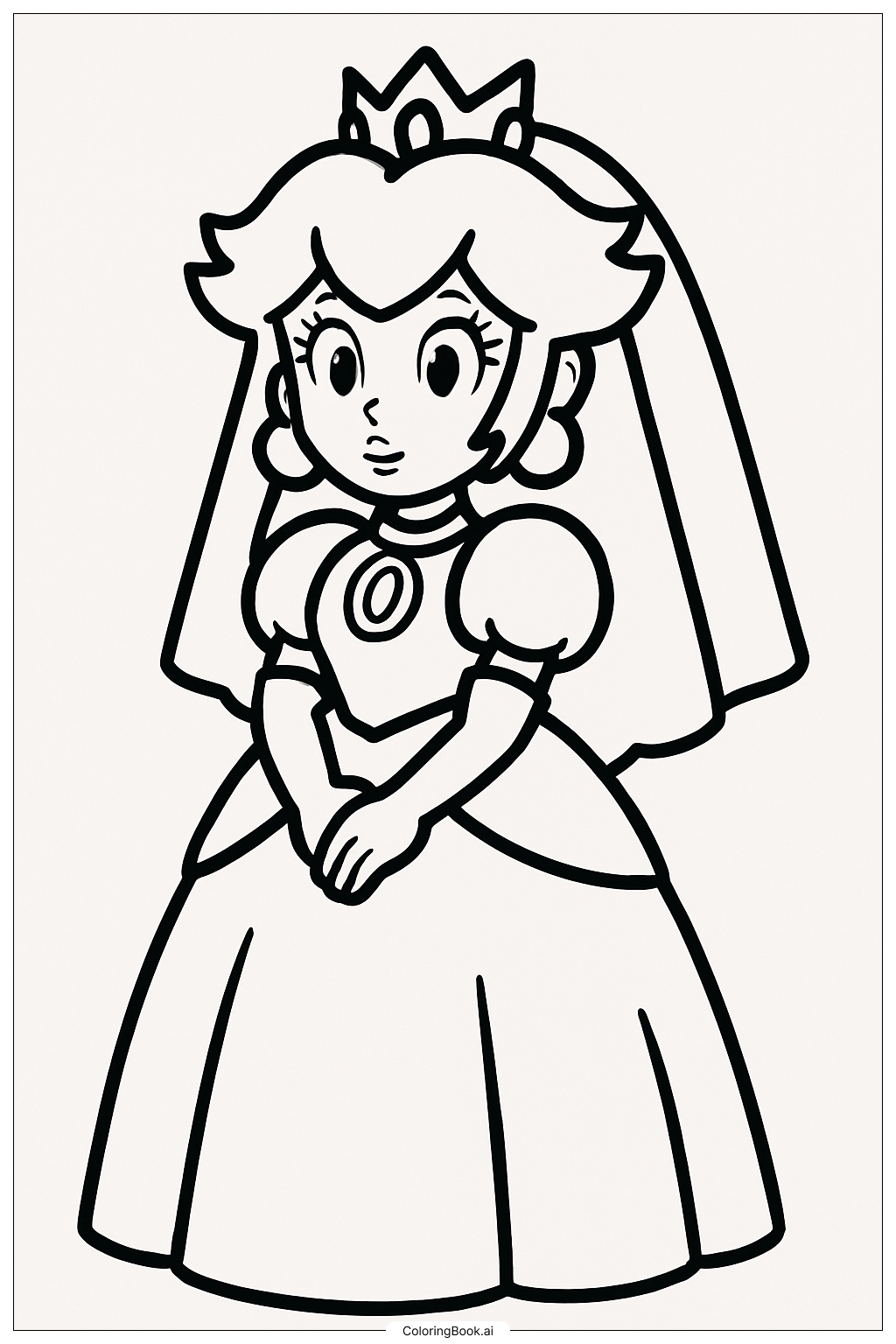  ピーチ姫のシンプルなウェディングドレスの塗り絵ページ 