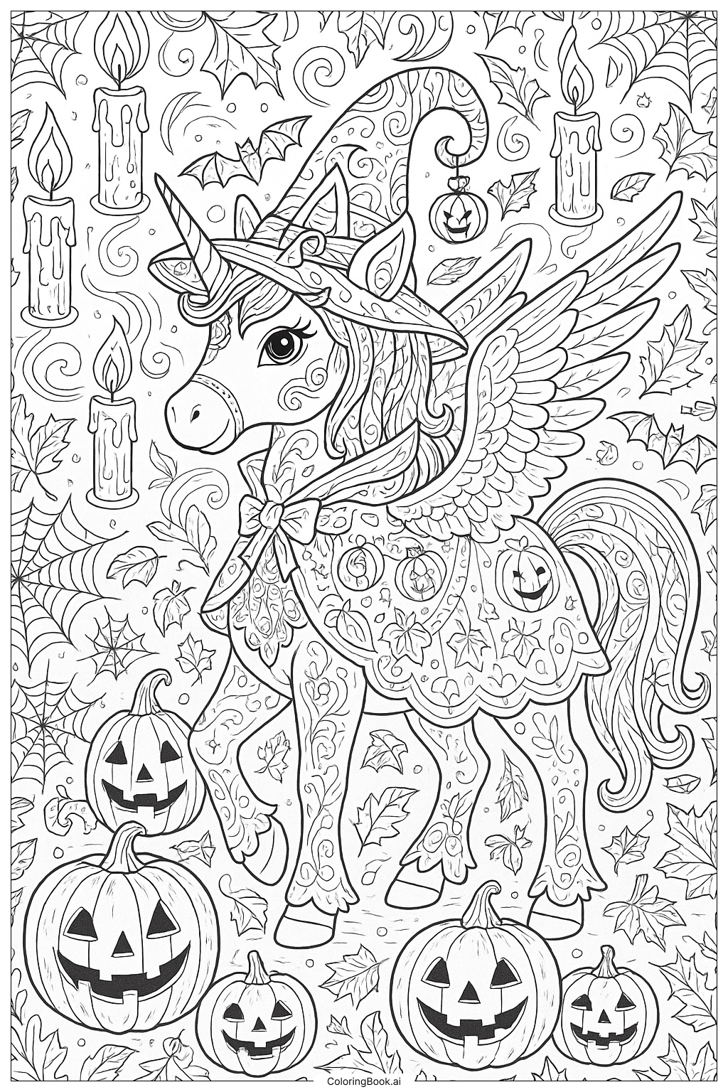  浮かぶろうそくに囲まれたユニコーンのハロウィンの塗り絵ページ 