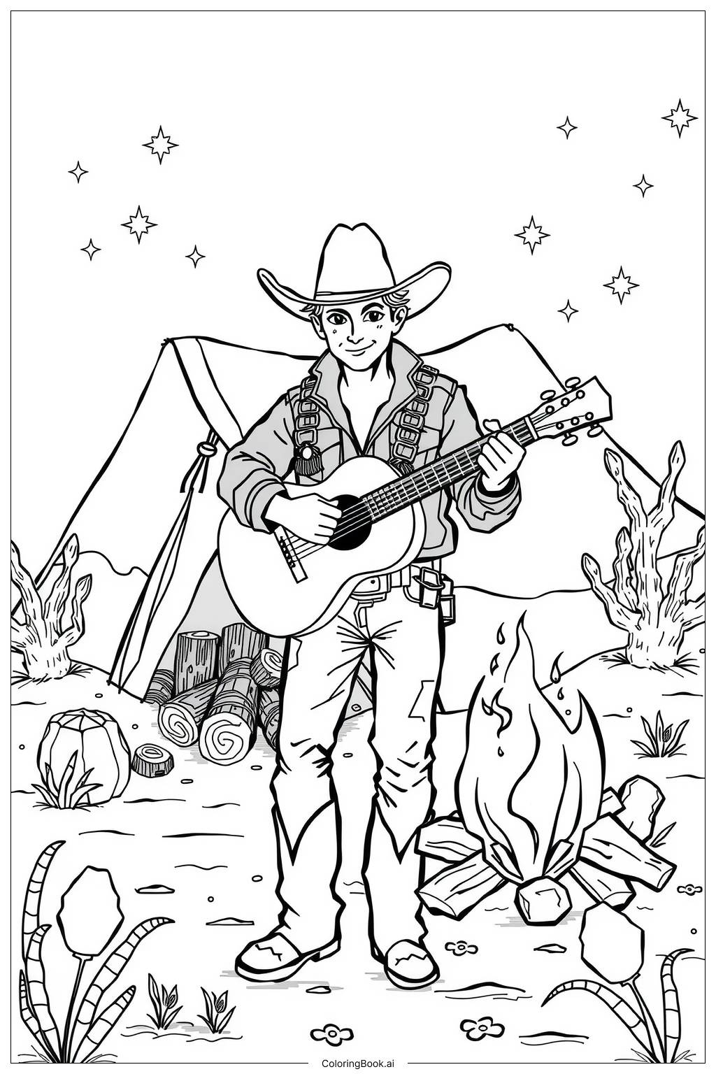  Cowboy with a guitar singing by the campfire-2 Coloring Page 