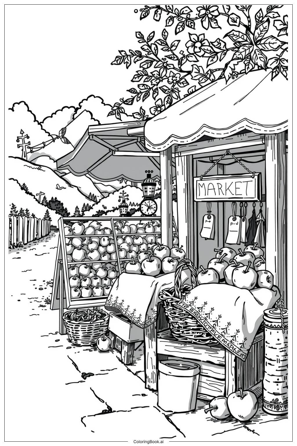  Apple Basket at the Farmers Market Coloring Page 